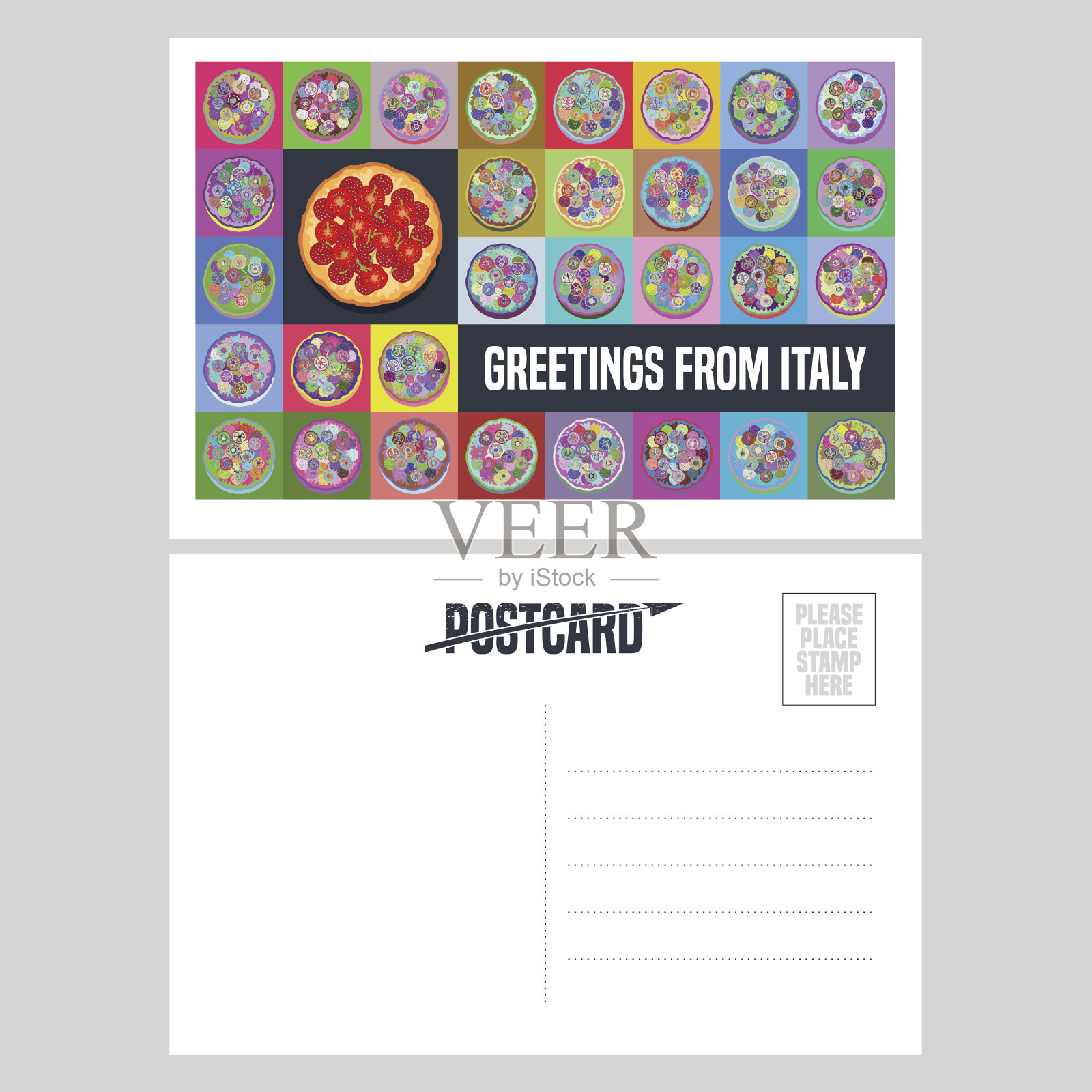 意大利，罗马矢量明信片设计与意大利披萨设计模板素材