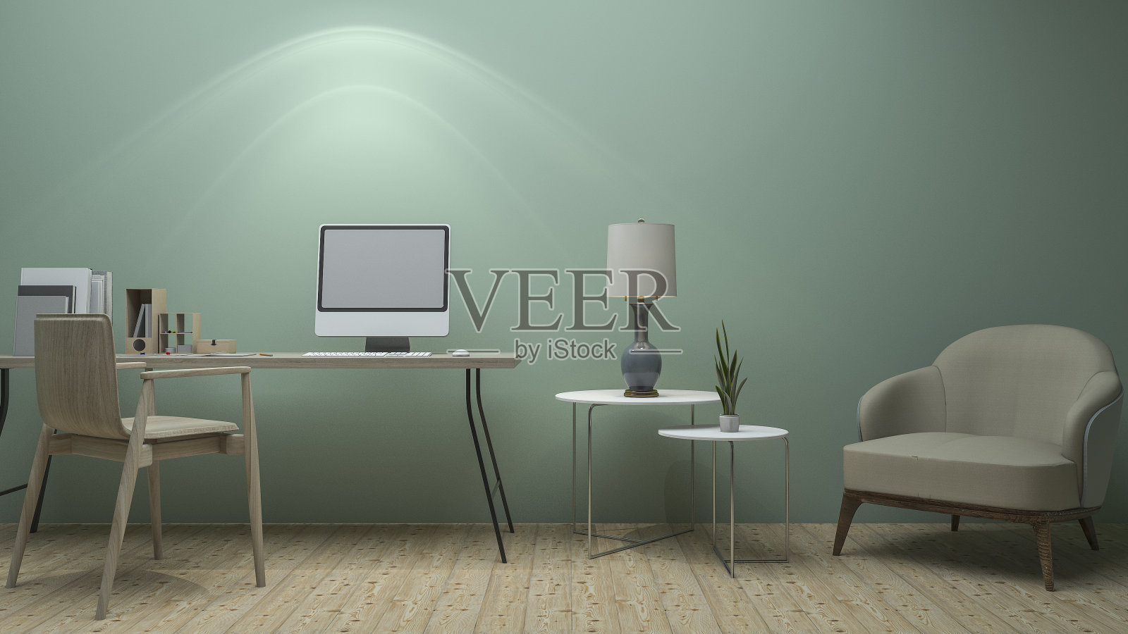 3d渲染漂亮的复古绿色工作室与经典的家具照片摄影图片