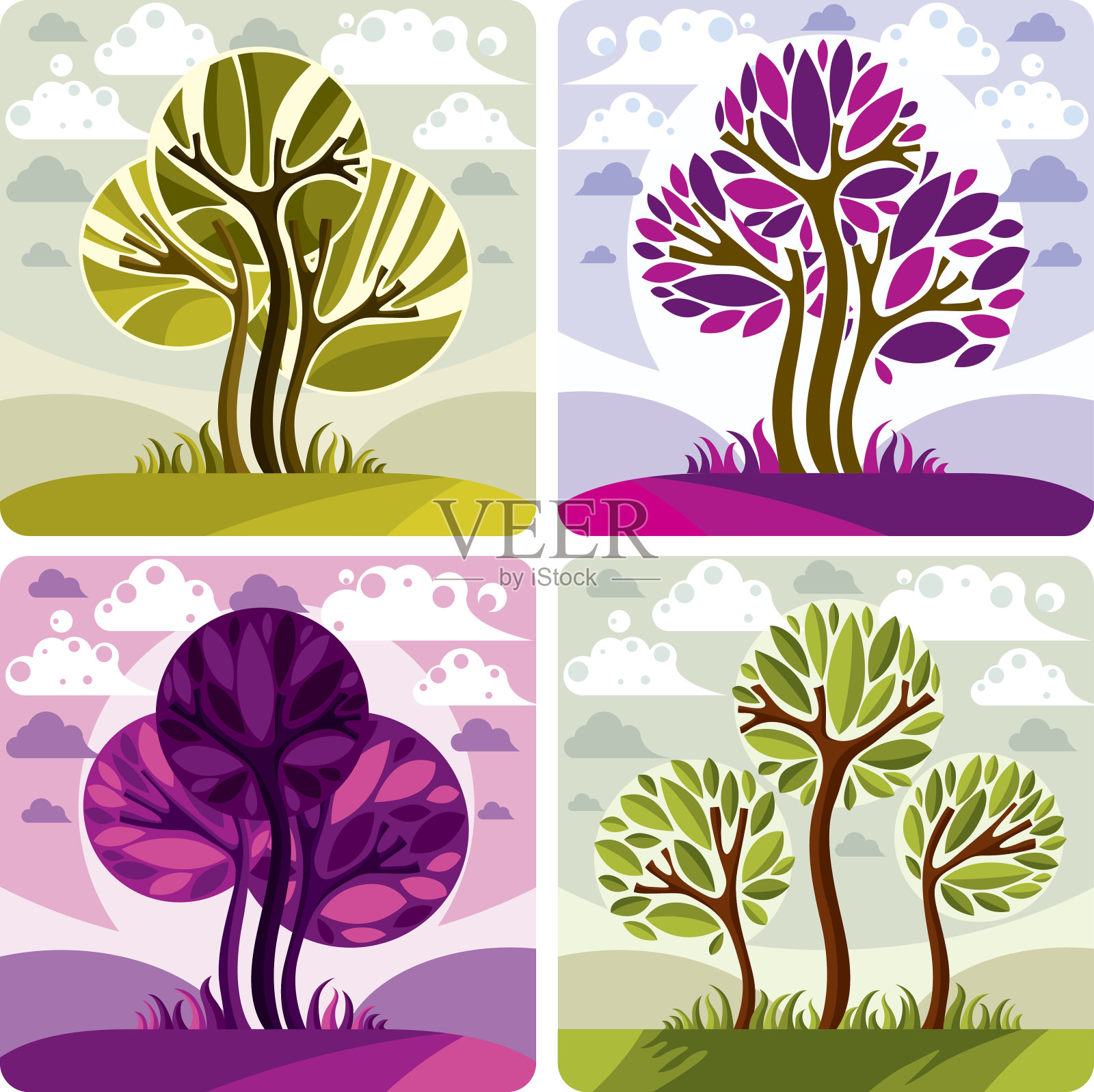 绿色和紫色的树木放置在多云的背景上。环境插画图片素材