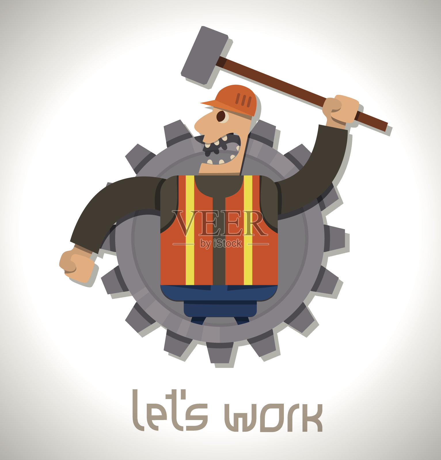 强壮的工人用大锤，标签插画图片素材