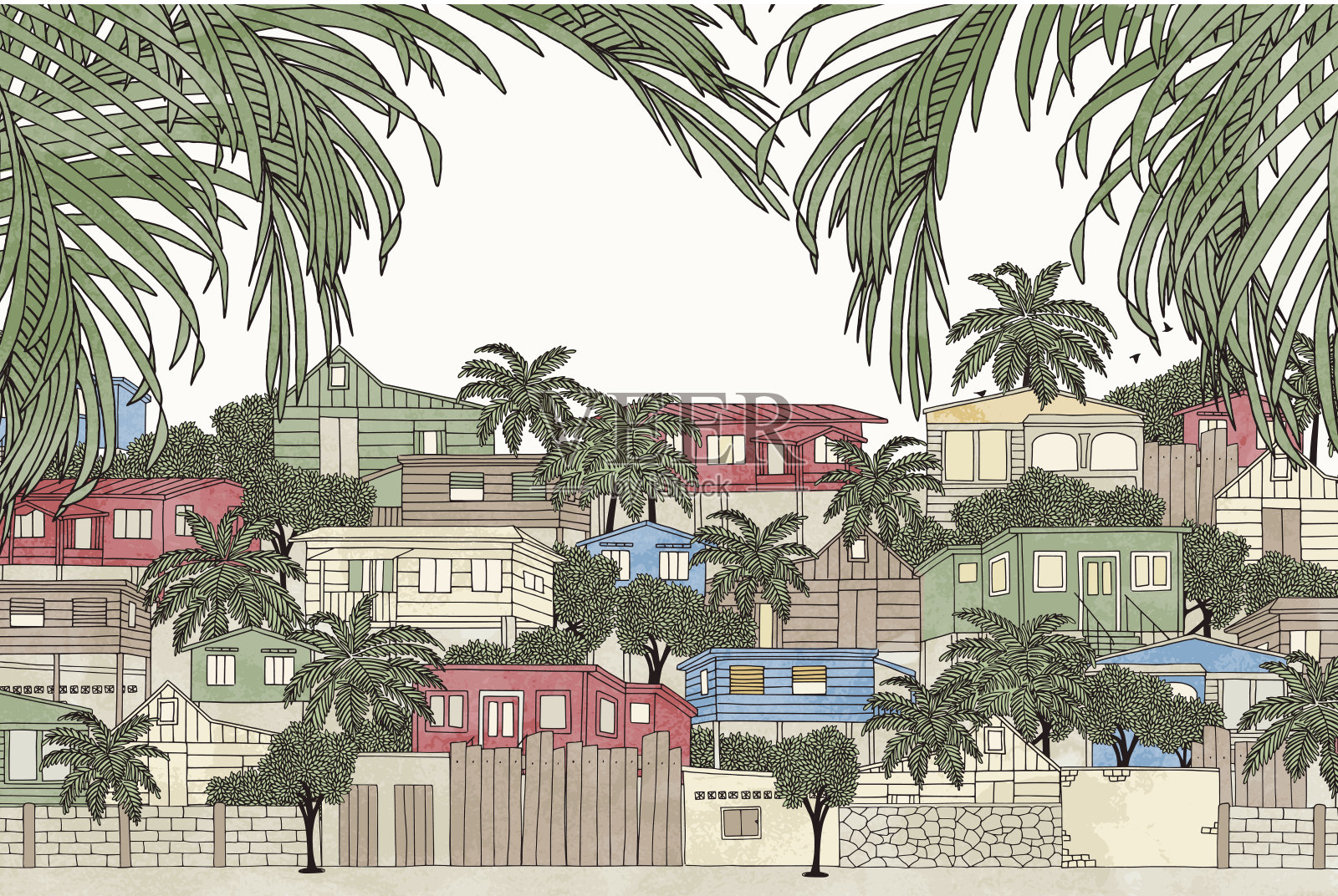 加勒比海的一个村庄，有绿色的棕榈树枝插画图片素材