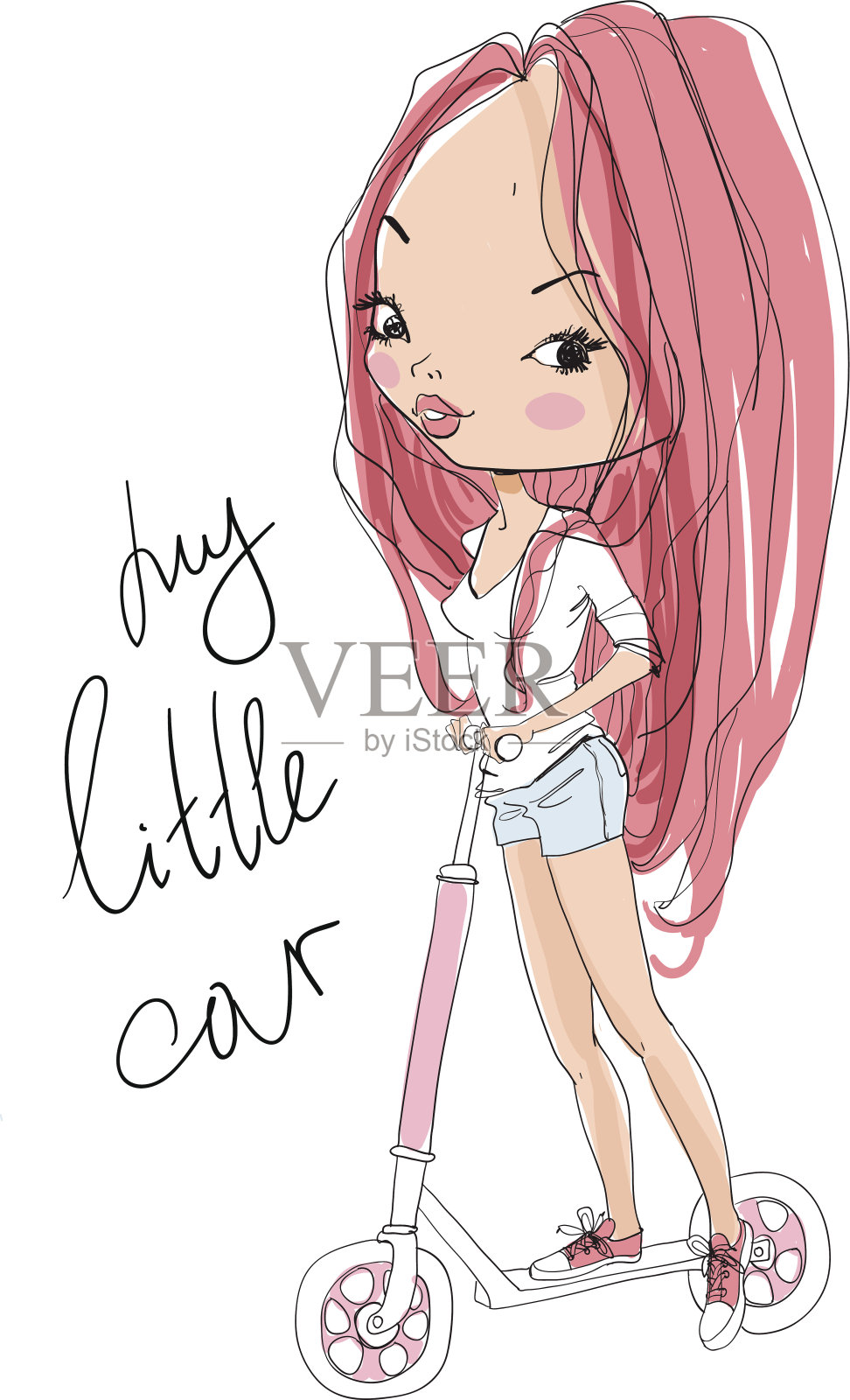 骑摩托车的可爱女孩插画图片素材