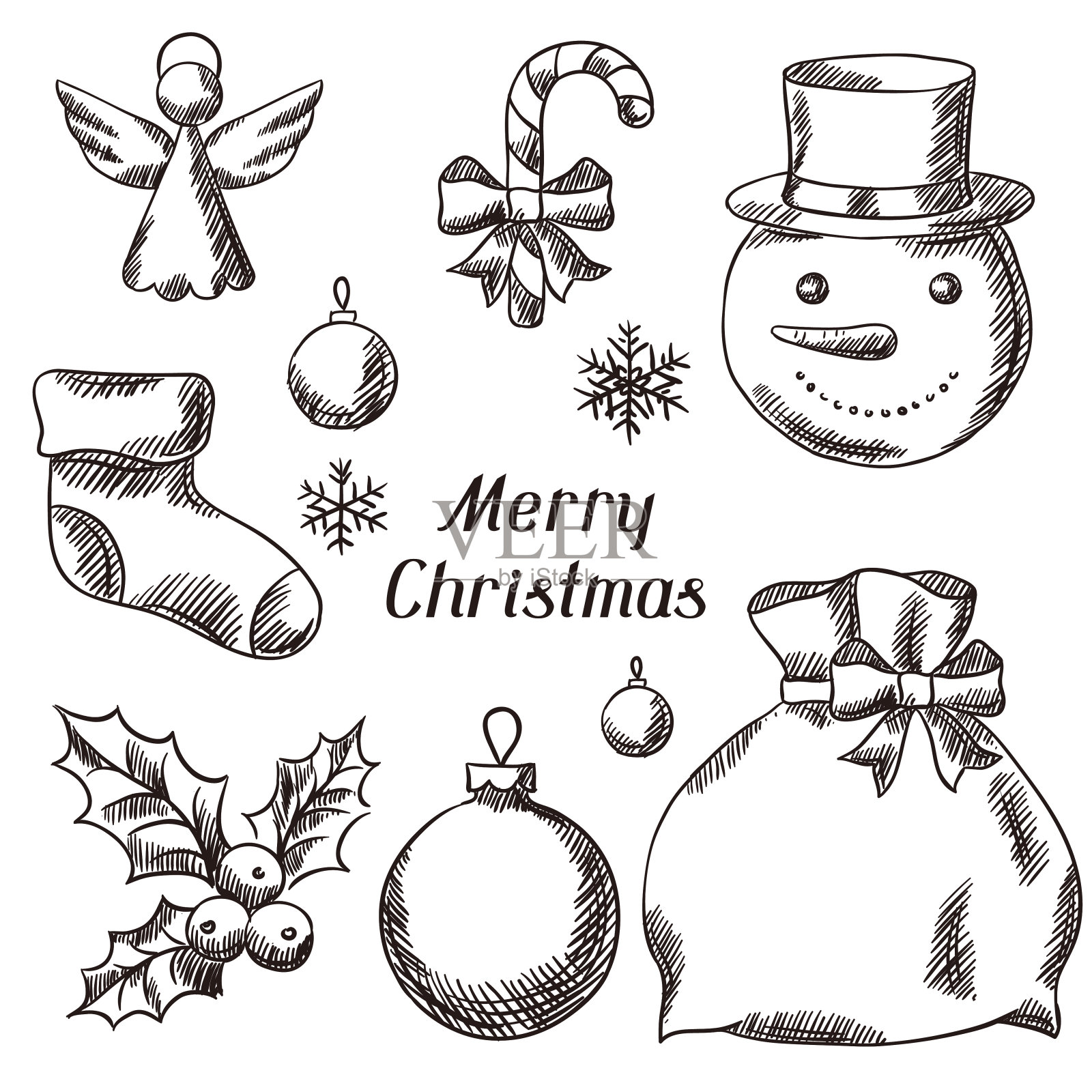 圣诞快乐手绘图标对象套装插画图片素材