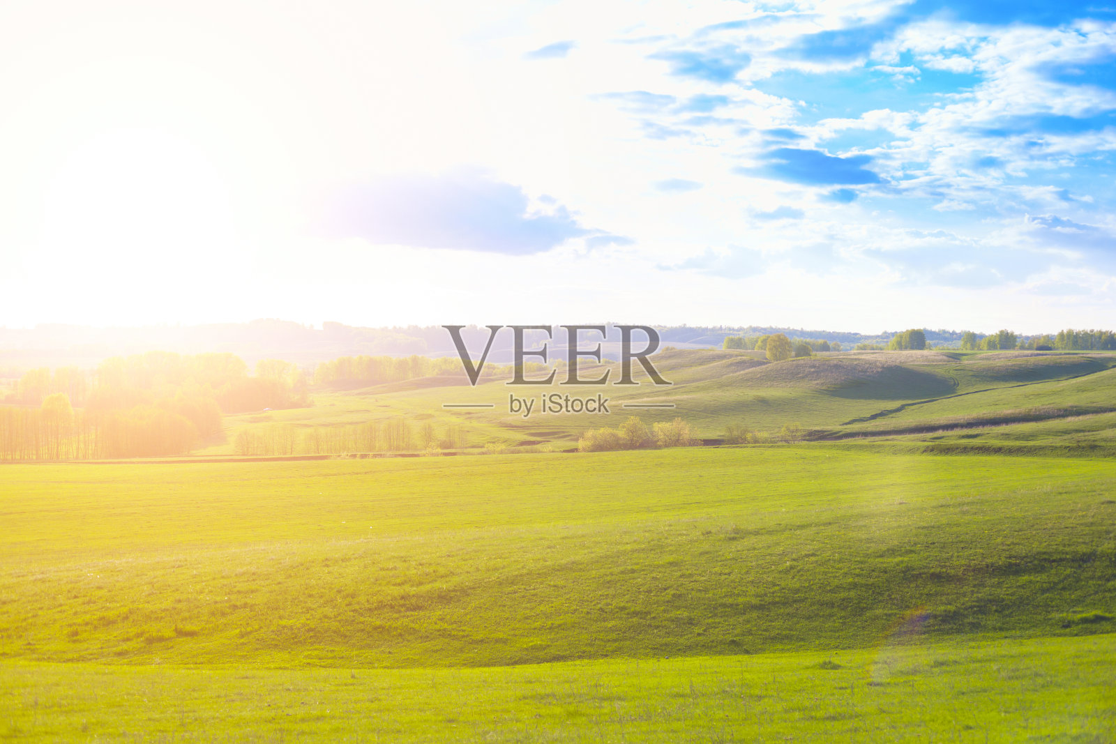 绿色的田野和美丽的日落照片摄影图片