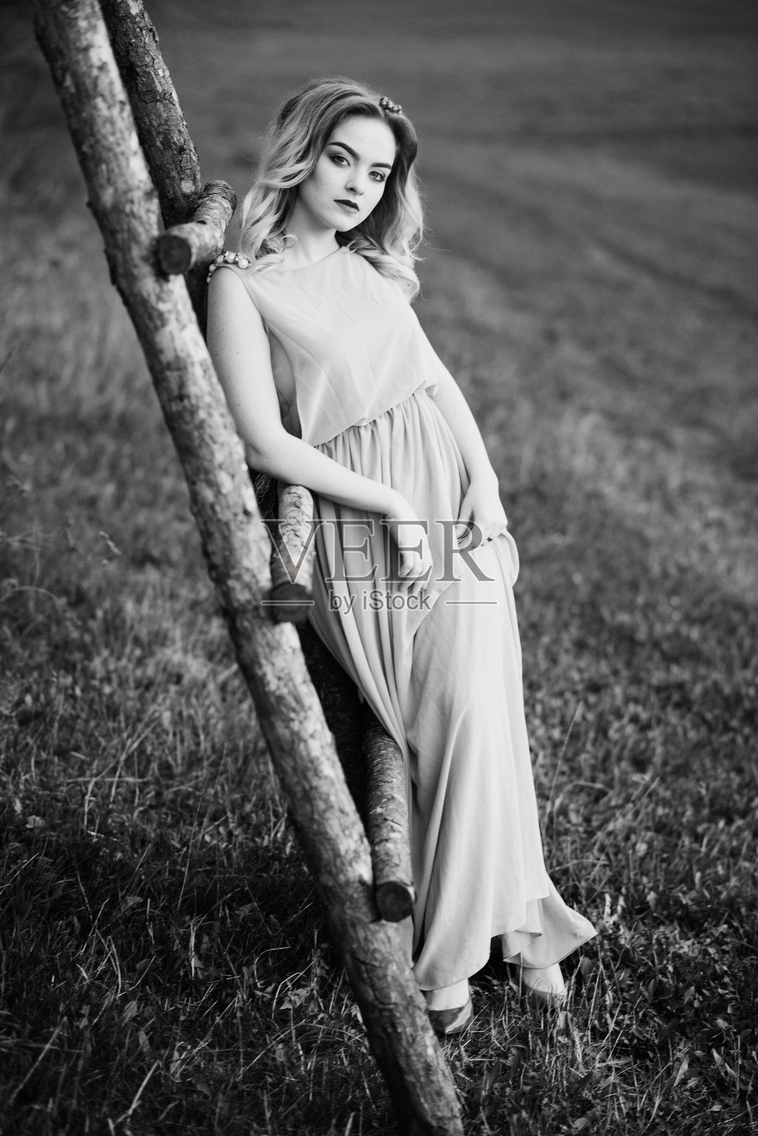 年轻优雅的金发女孩在花园里的木楼梯上穿着玫瑰裙。照片摄影图片