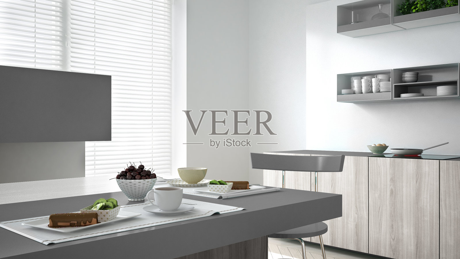 简约的白色厨房，木制和灰色的细节，素食照片摄影图片