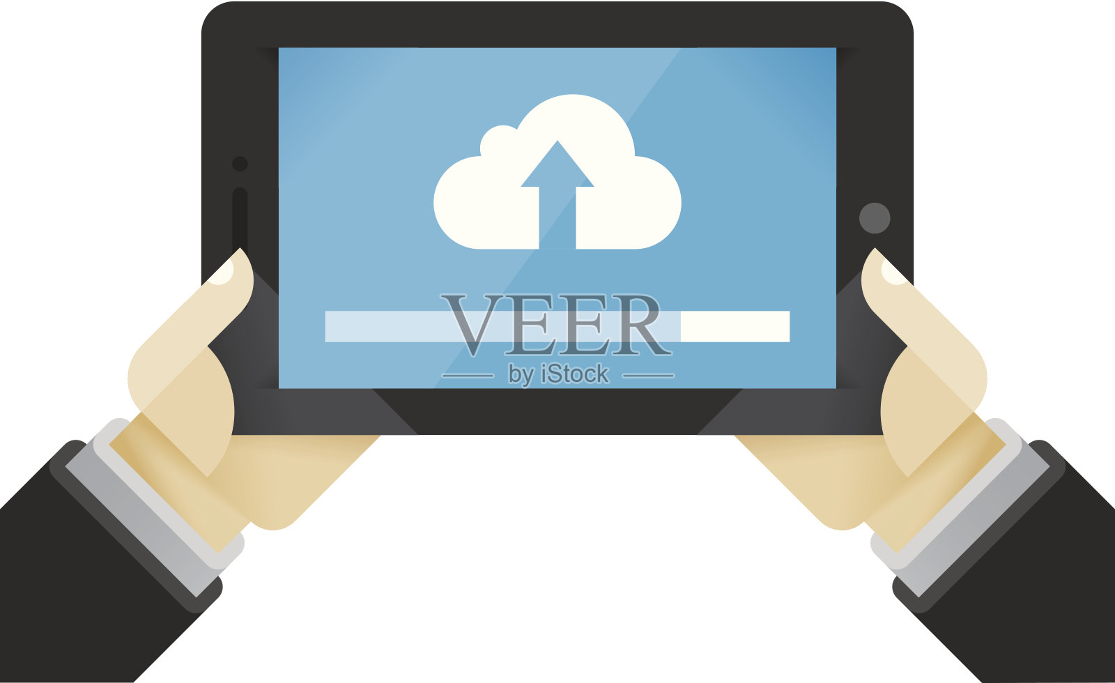 商人手持平板电脑与云服务器上传插画图片素材