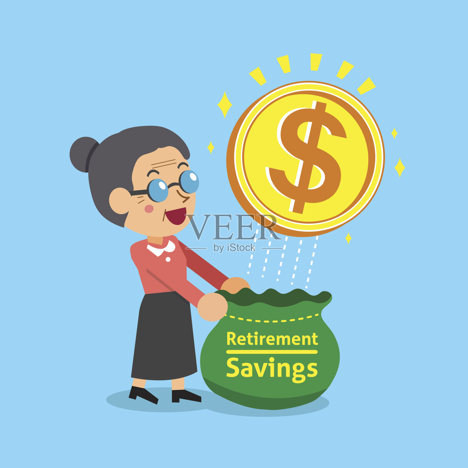 老女人打开一个装着大钱硬币的袋子插画图片素材