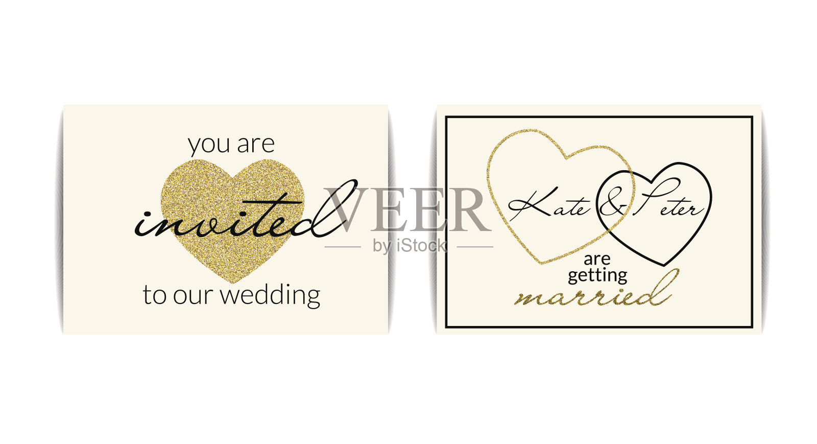 带着闪闪发光的心形的婚礼请柬。你被邀请设计模板素材