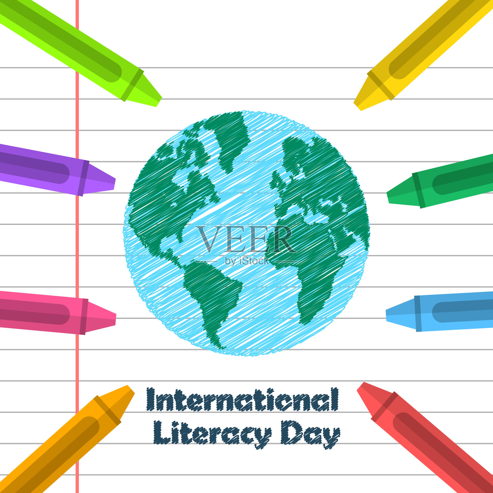 地球仪和蜡笔插画图片素材