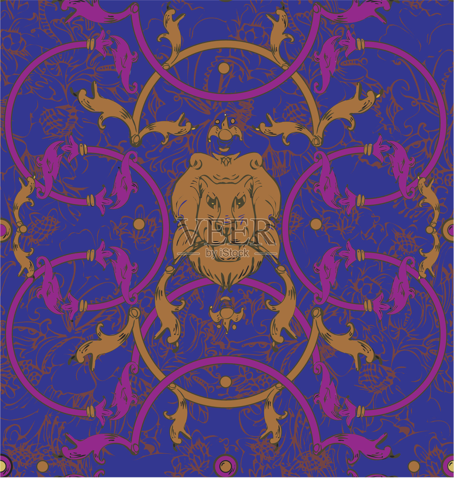 装饰用狮子格子的古典风格插画图片素材