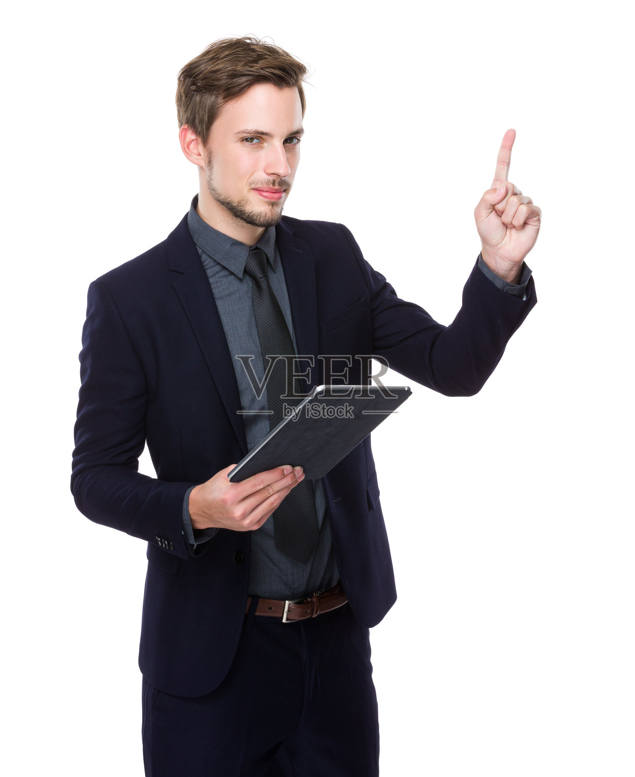 商人使用平板电脑和指向照片摄影图片