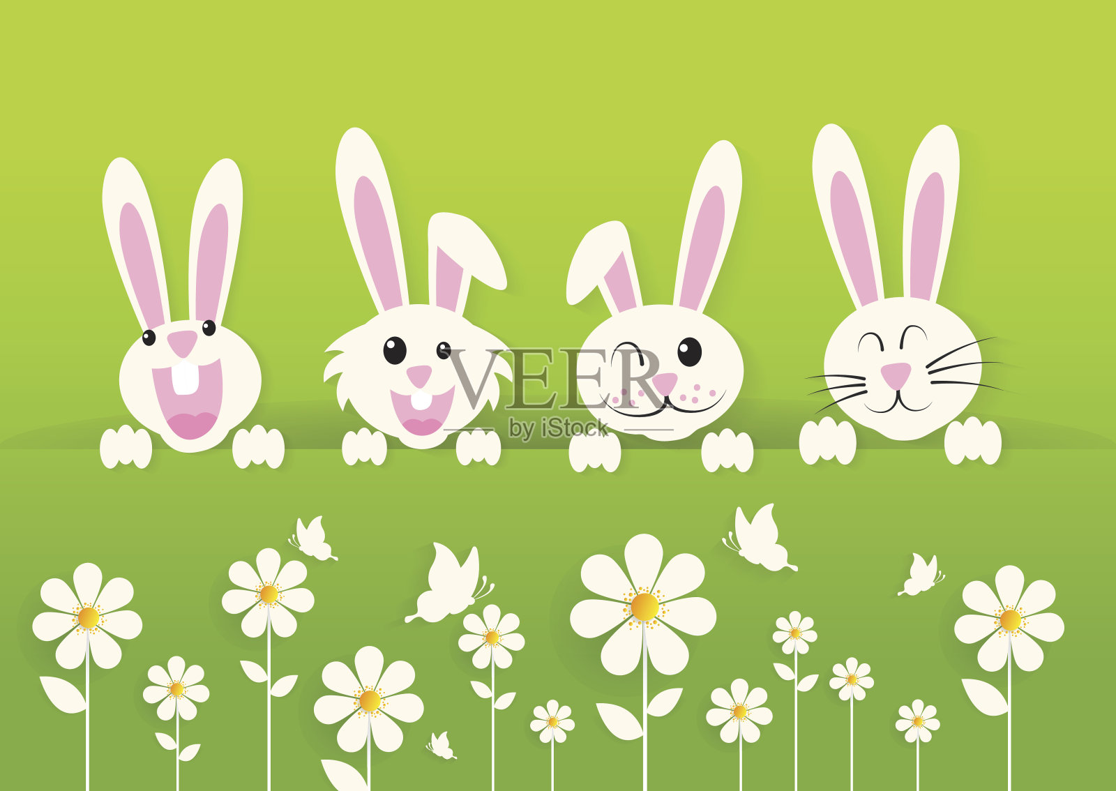 复活节快乐，兔子带着花，纸画插画图片素材