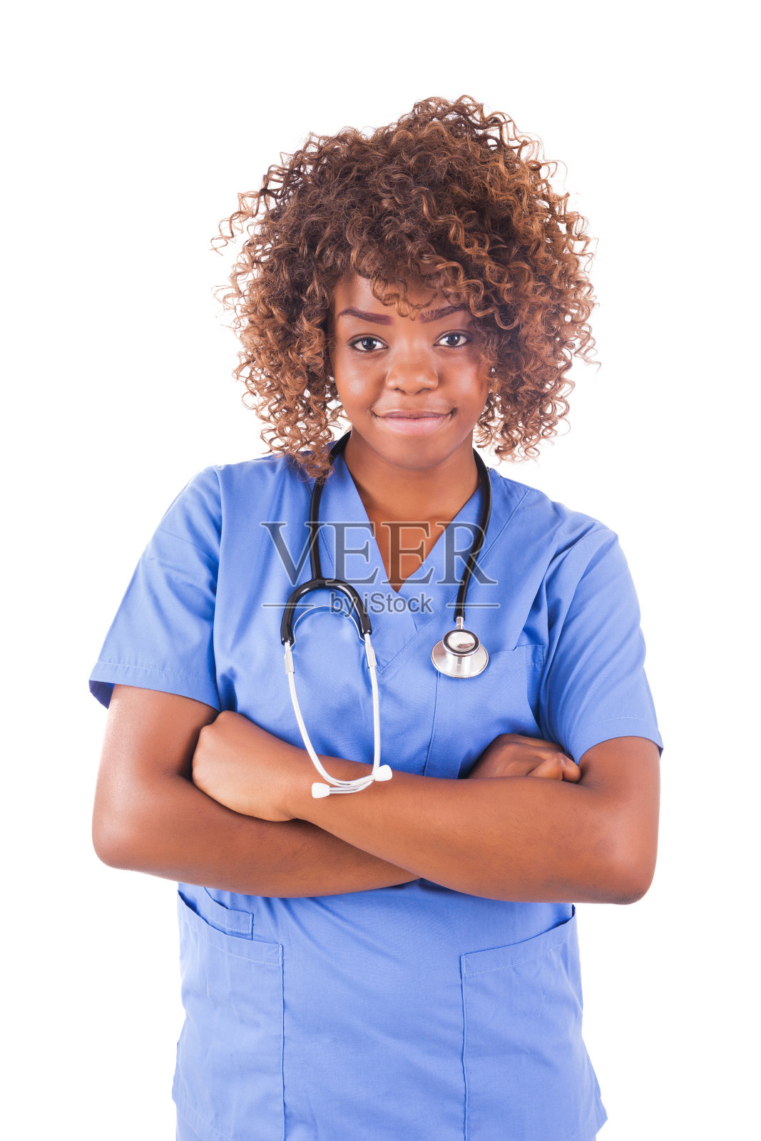 非洲年轻护士被隔离在白人背景下照片摄影图片