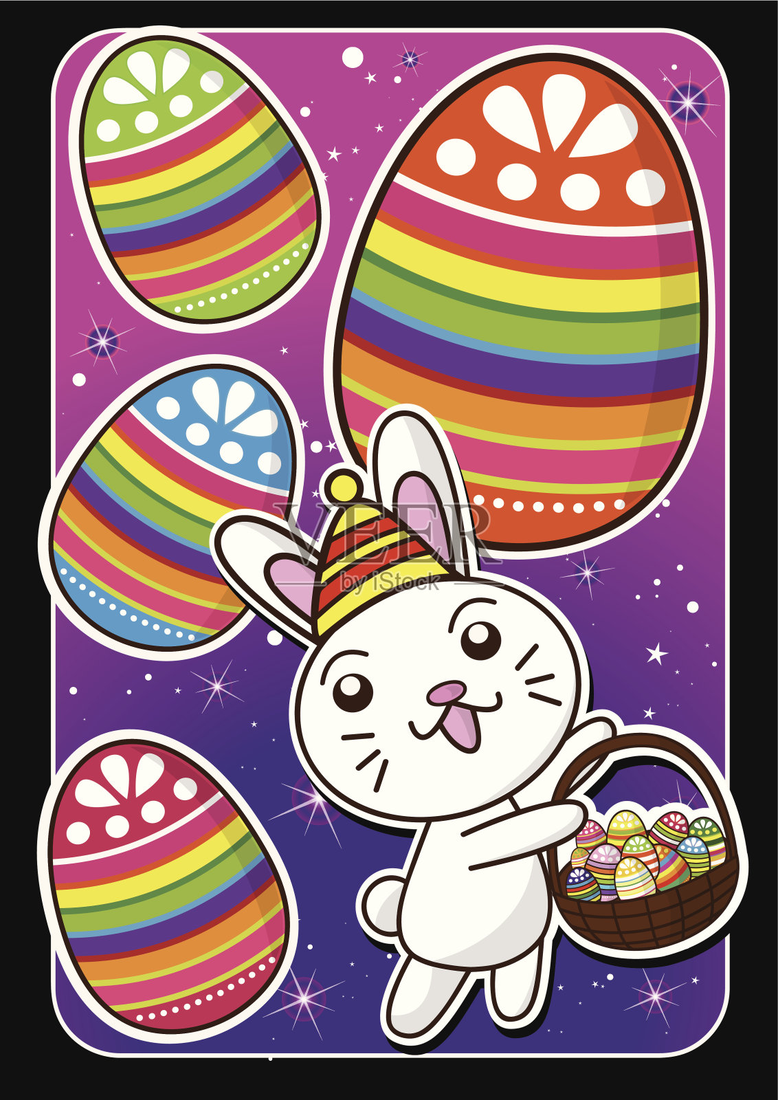 复活节兔子和彩蛋在星星的背景快乐插画图片素材