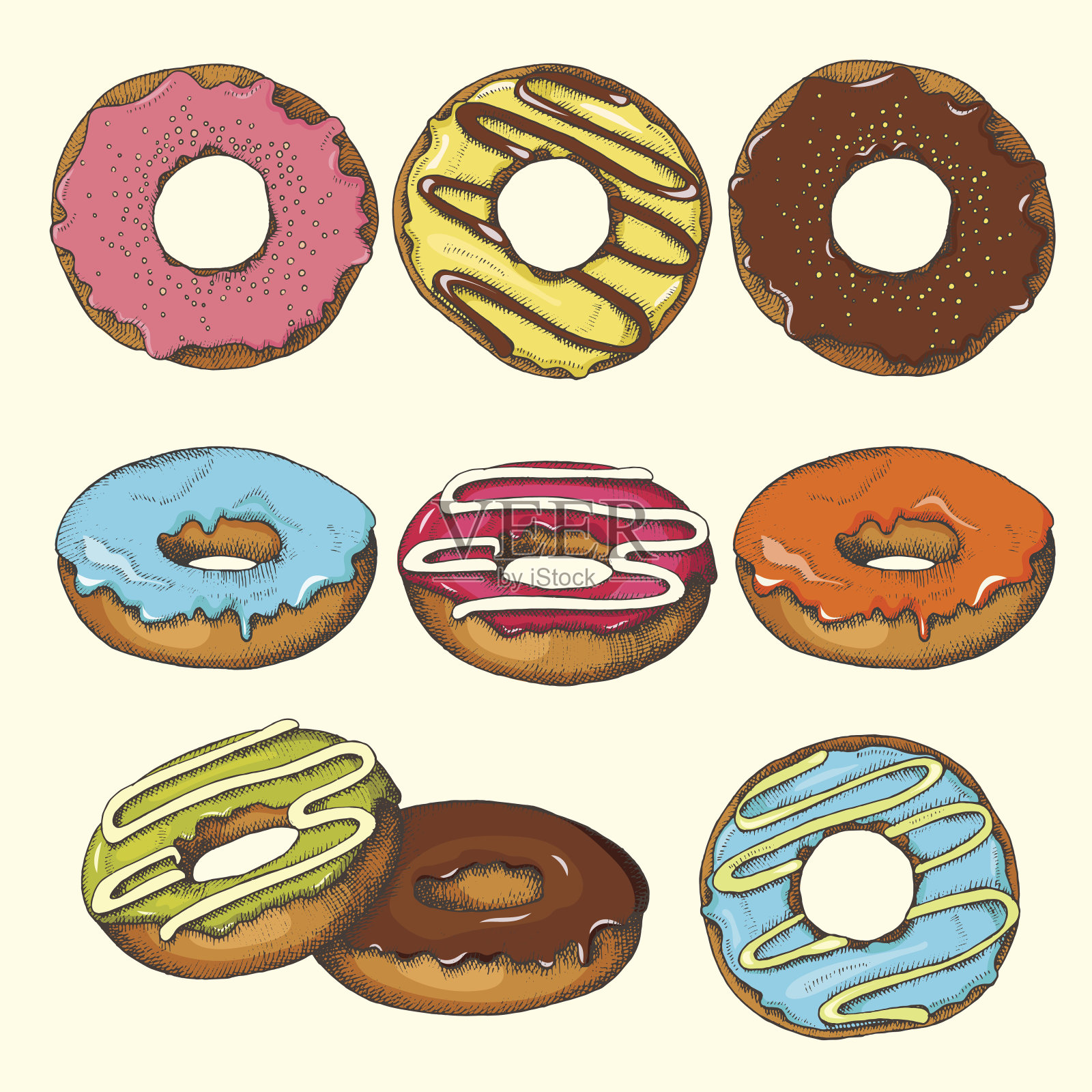 大套手绘釉色甜甜圈。设计元素图片