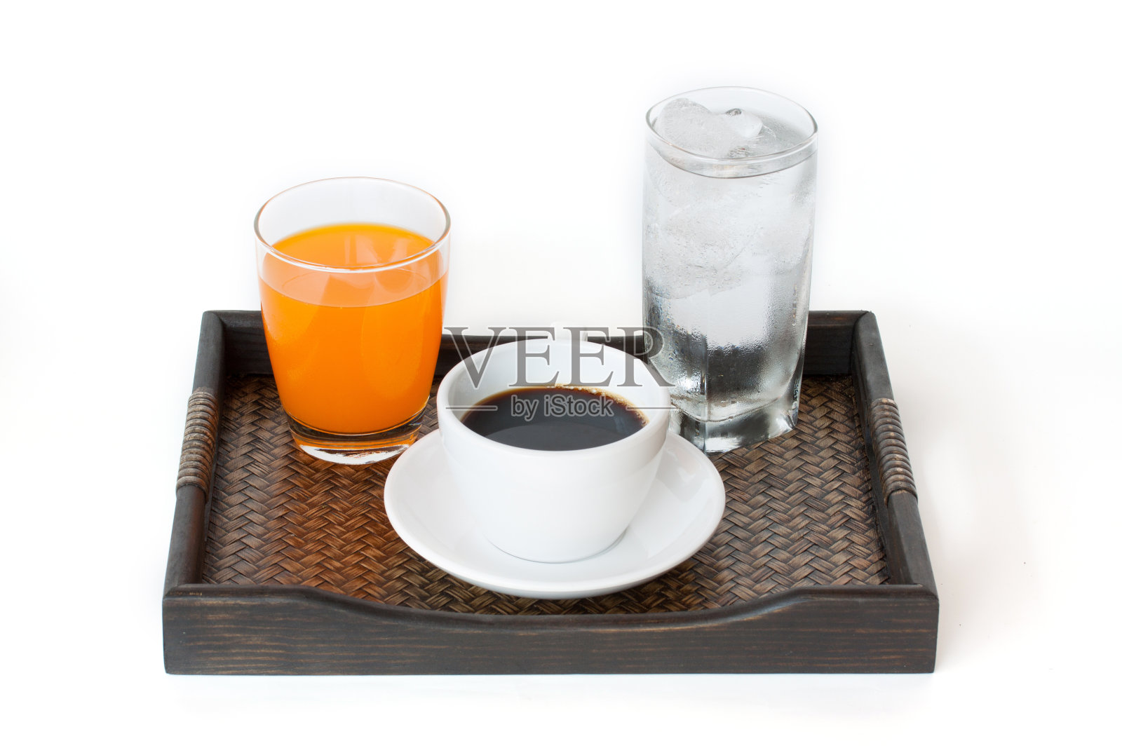 水、橙汁和咖啡照片摄影图片