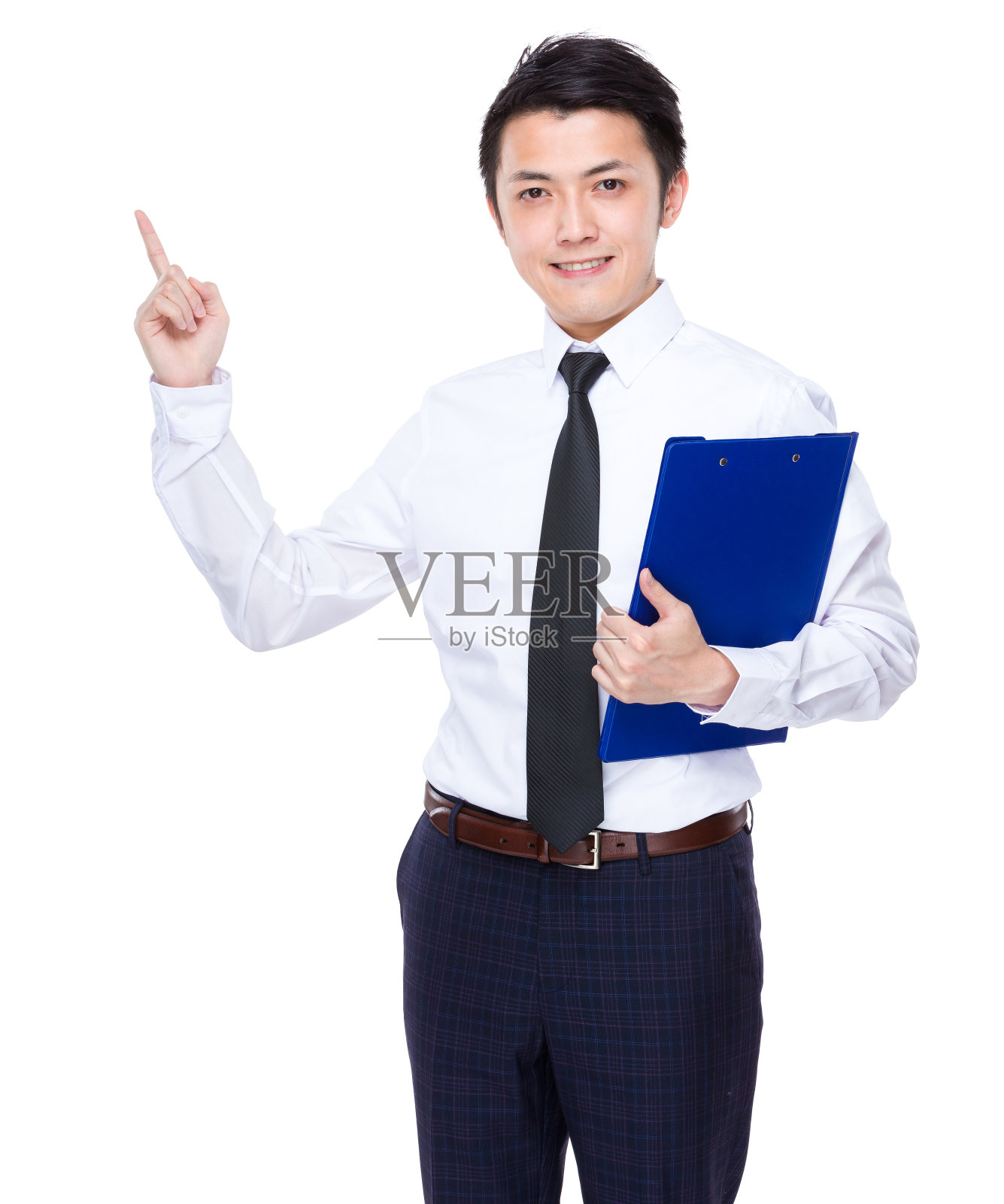 商人拿着剪贴板，指着照片摄影图片