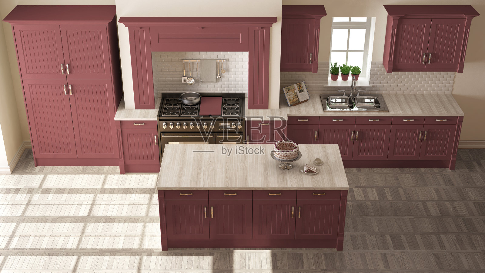 经典的厨房，斯堪的纳维亚简约的室内设计与木制和红色的细节照片摄影图片