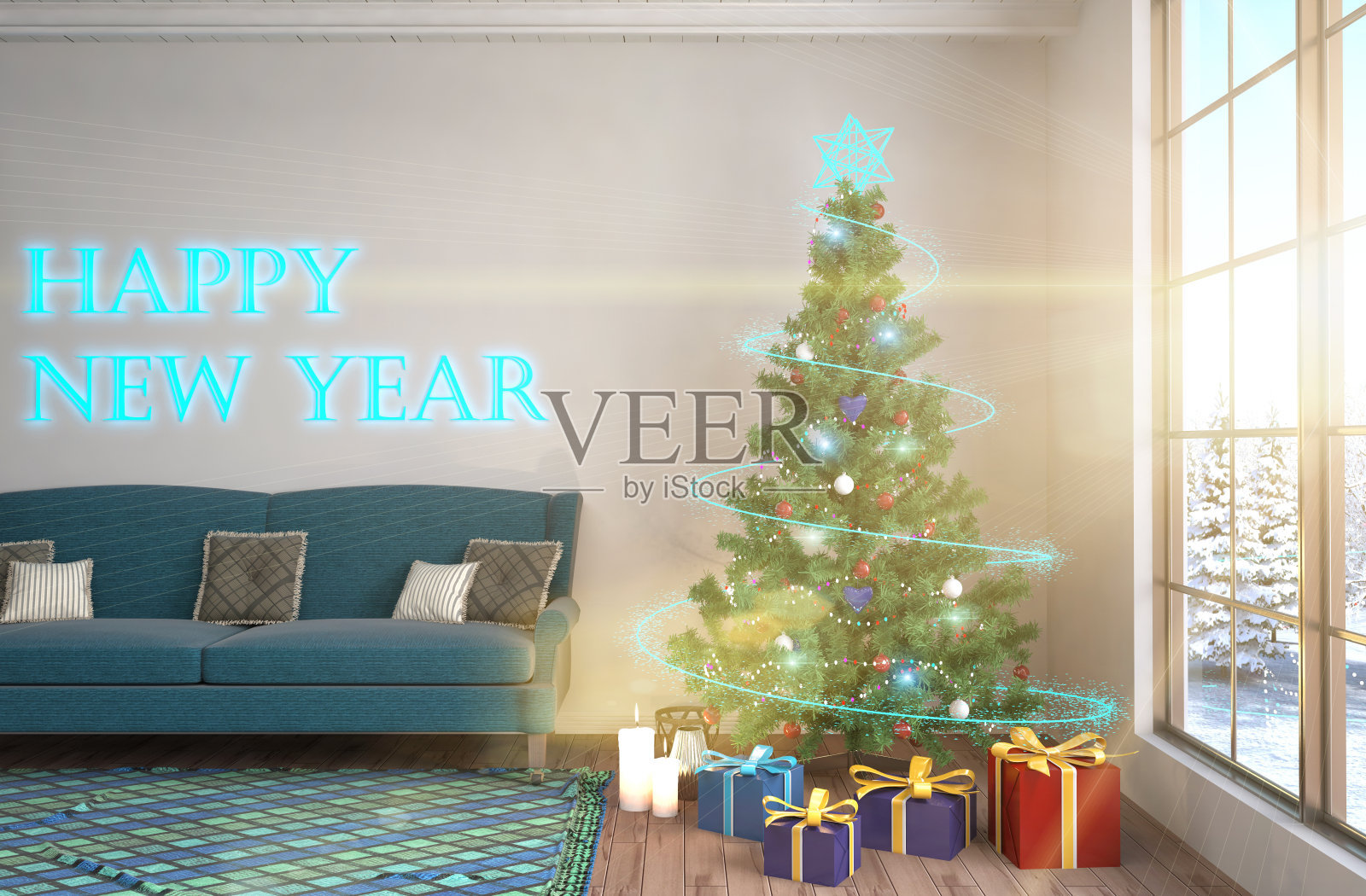 客厅里装饰的圣诞树。三维演示照片摄影图片