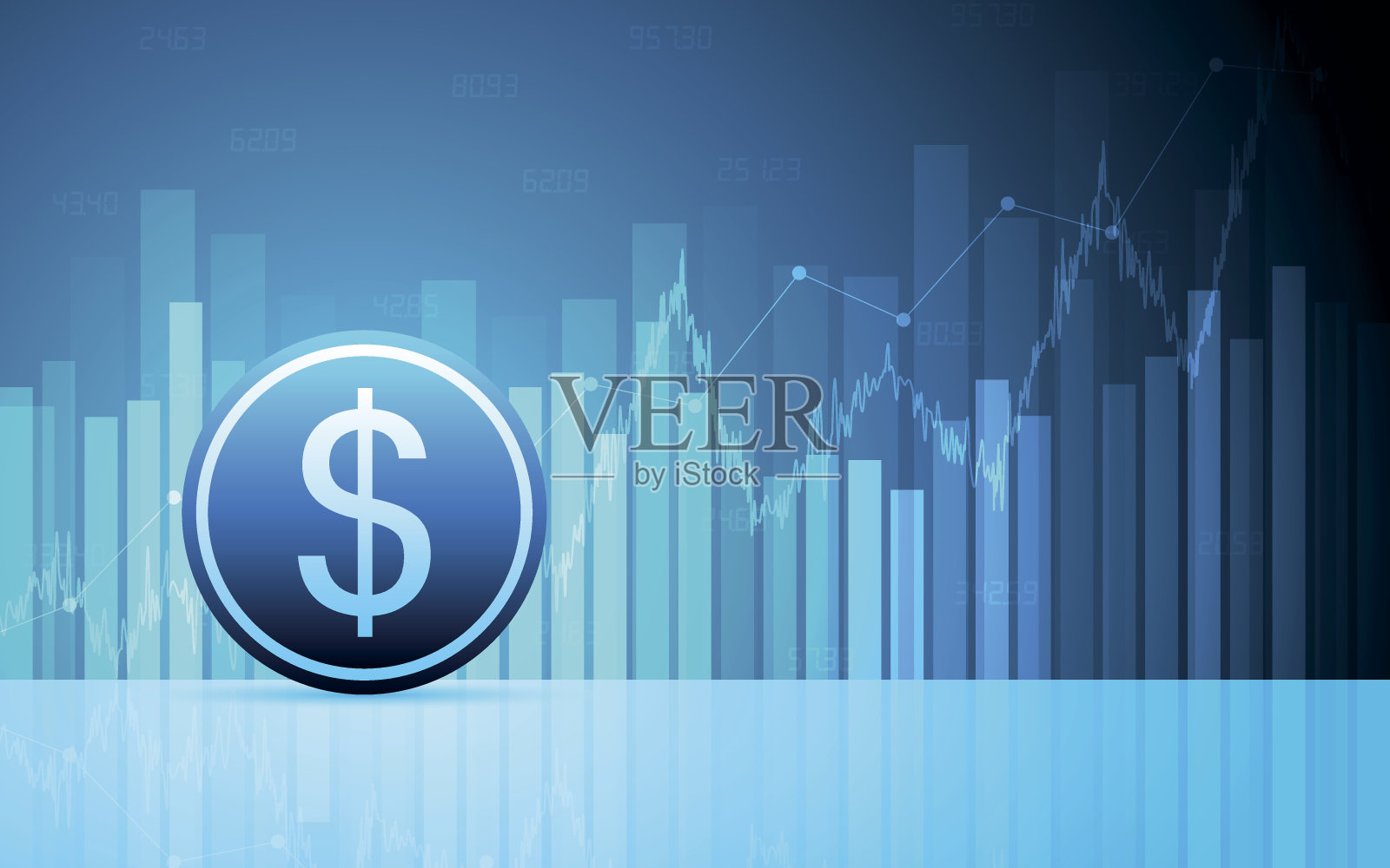 抽象财务图表，美元符号在梯度蓝色插画图片素材