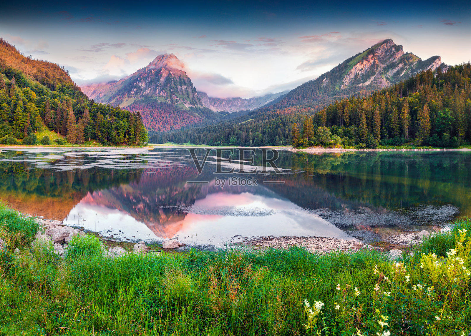 美丽的瑞士欧伯湖夏日日出照片摄影图片