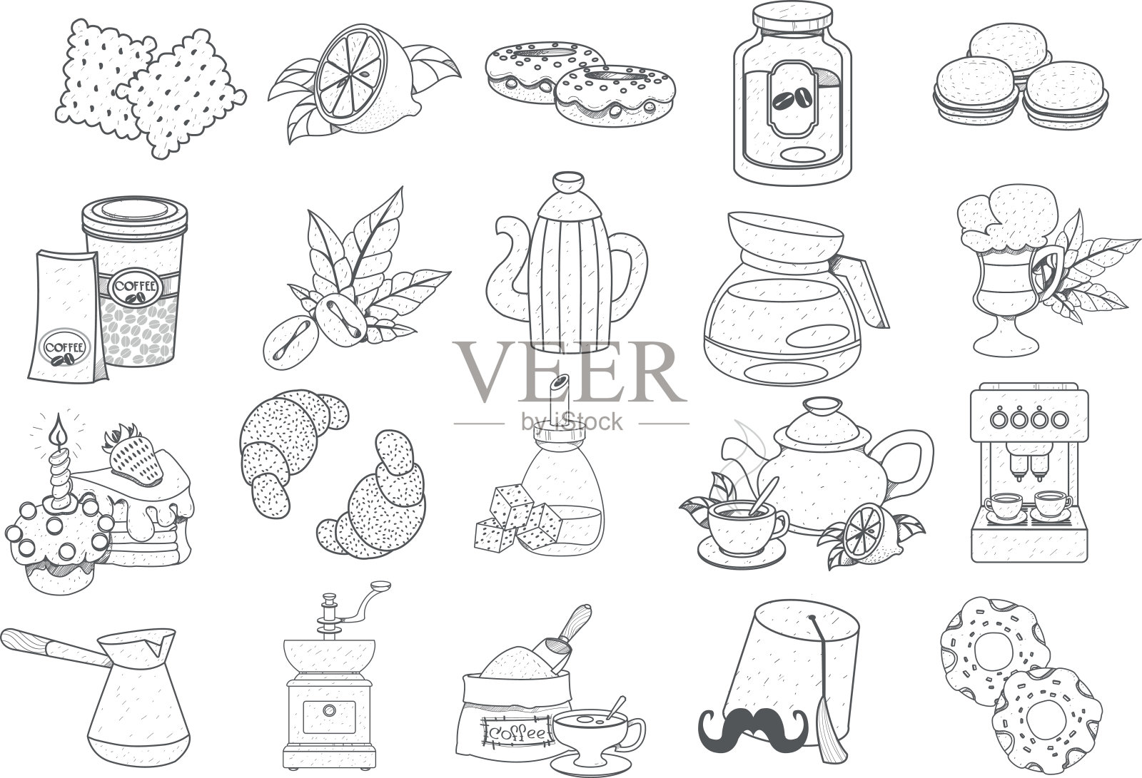 咖啡主题的图标集。饮料和食物。轮廓图纸。插画图片素材