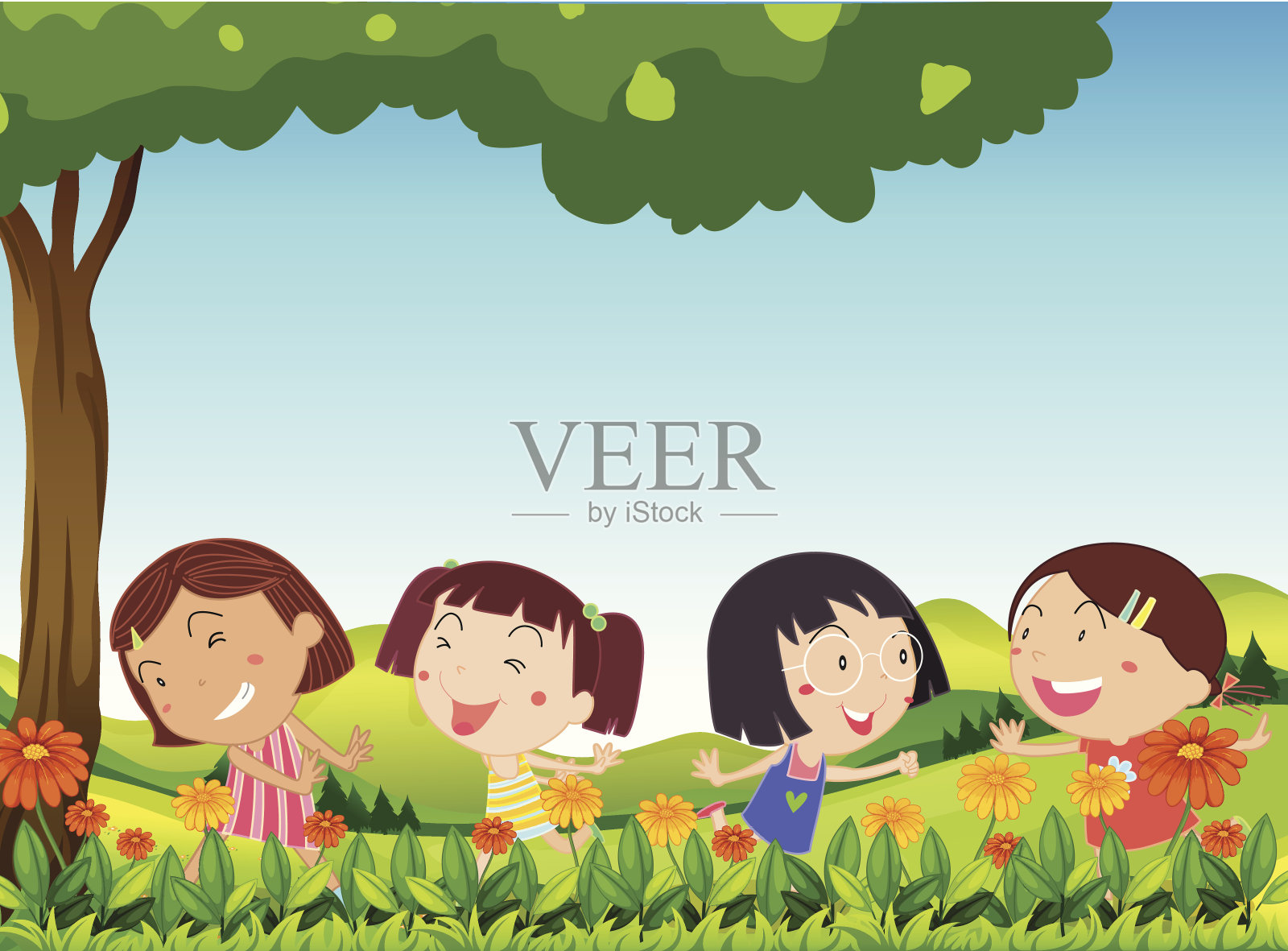 快乐的孩子们在户外盛开的鲜花旁玩耍插画图片素材