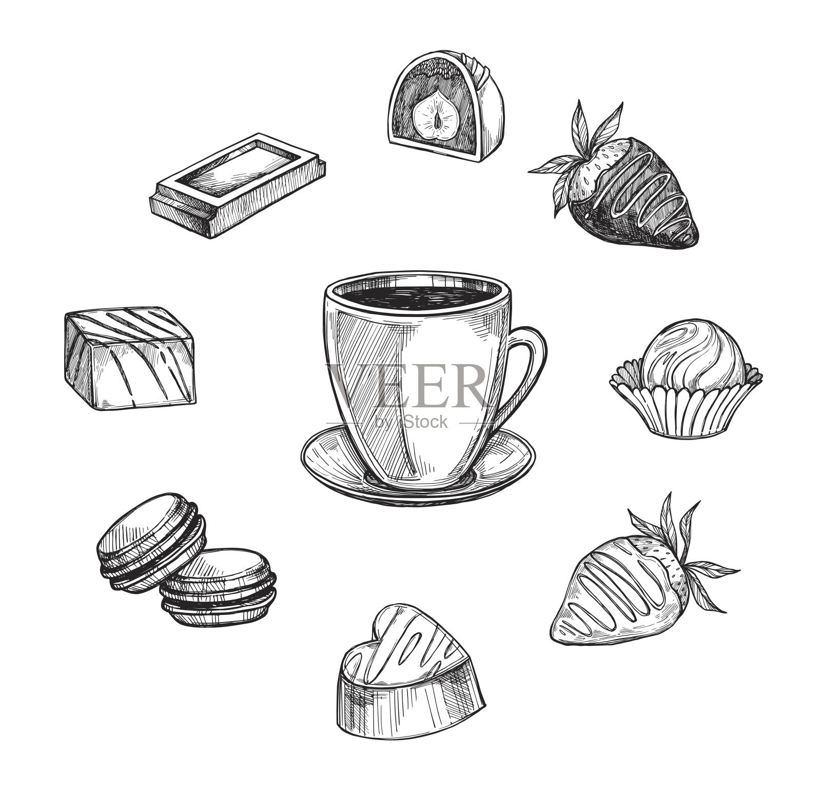 手绘矢量插图-咖啡杯糖果和糖果。适合菜单、贺卡、海报、印刷品等插画图片素材
