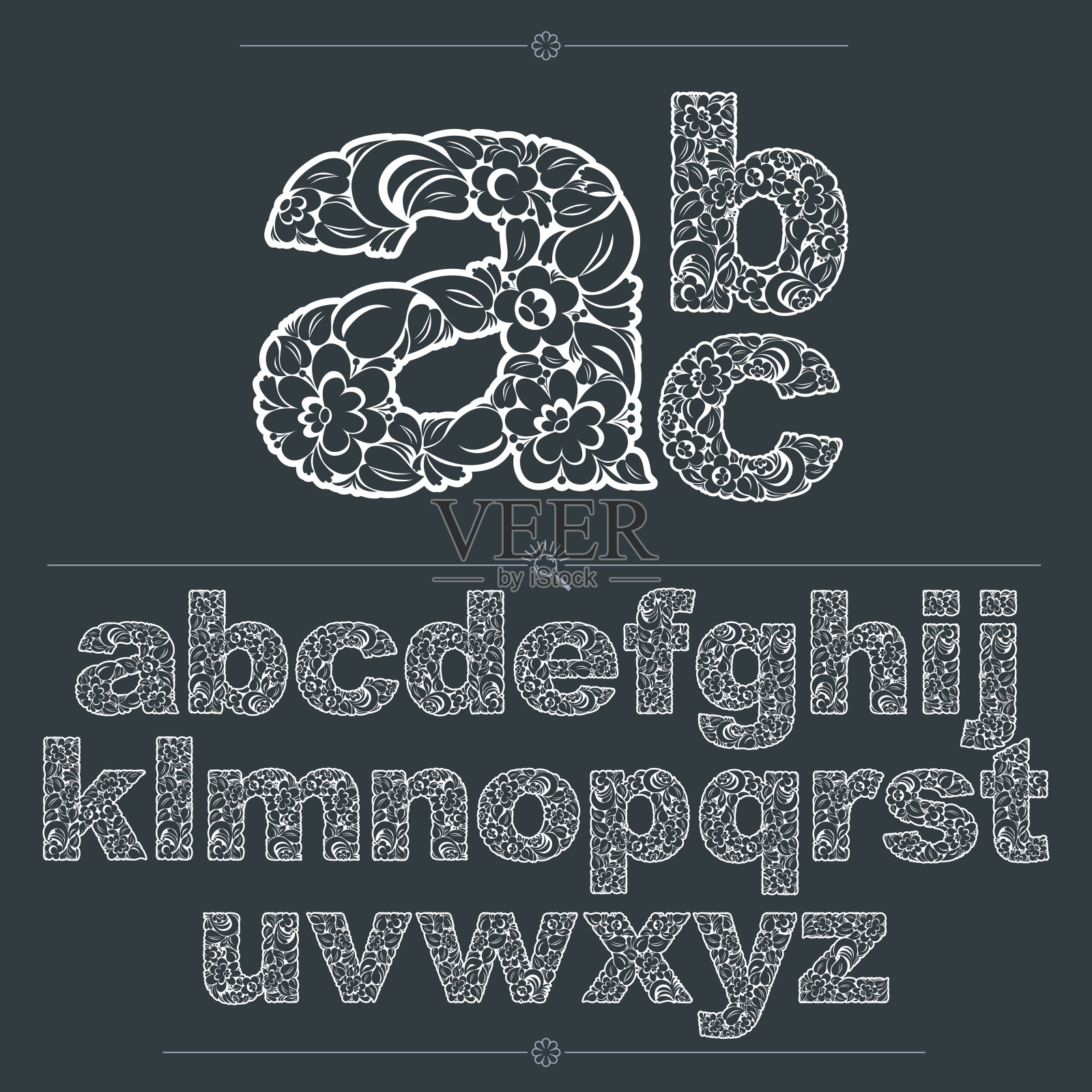 花卉字母无衬线绘制采用抽象复古图案，春天的叶子设计。黑白矢量字体创建在自然生态风格。插画图片素材