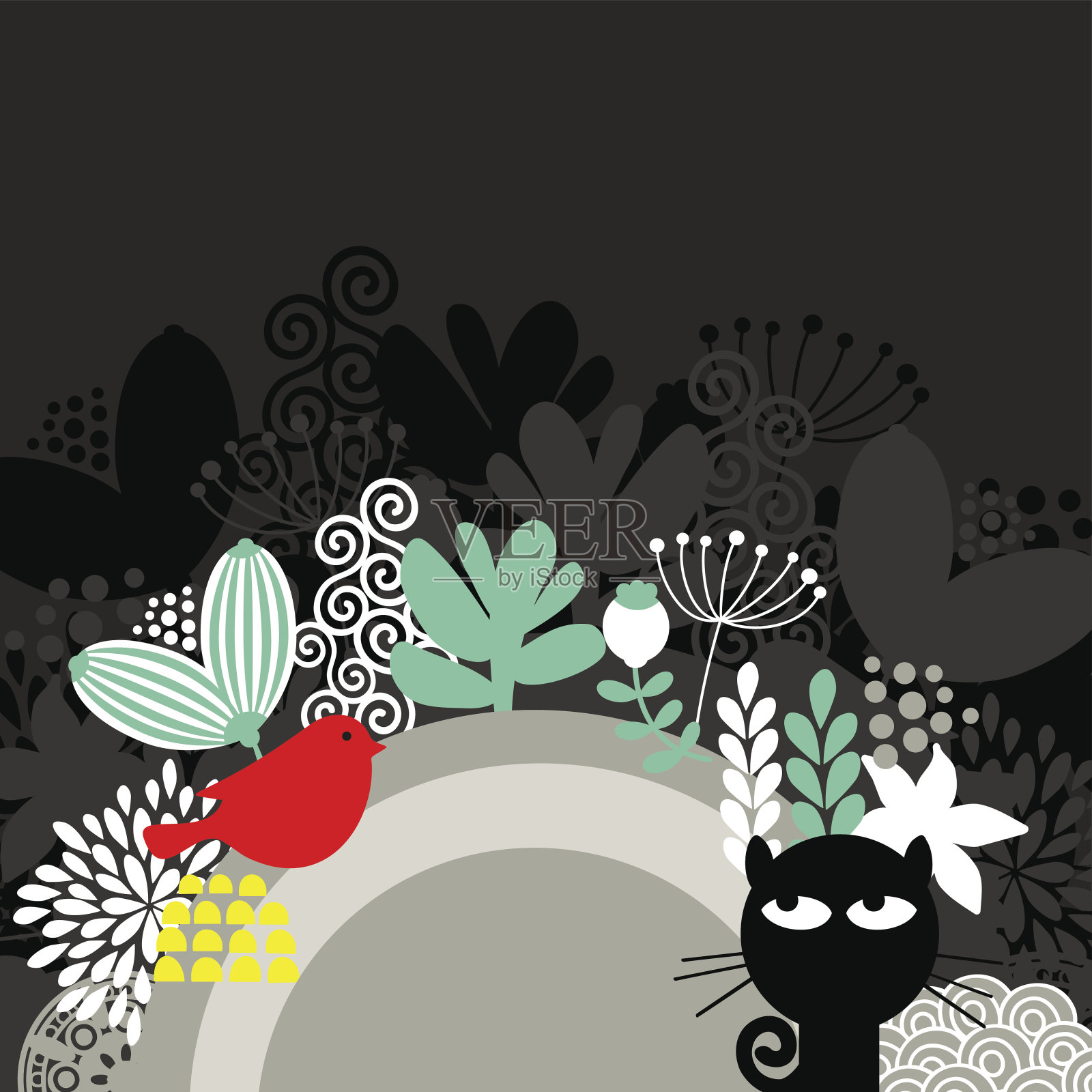 半圆形的横幅上有黑猫和红鸟。插画图片素材