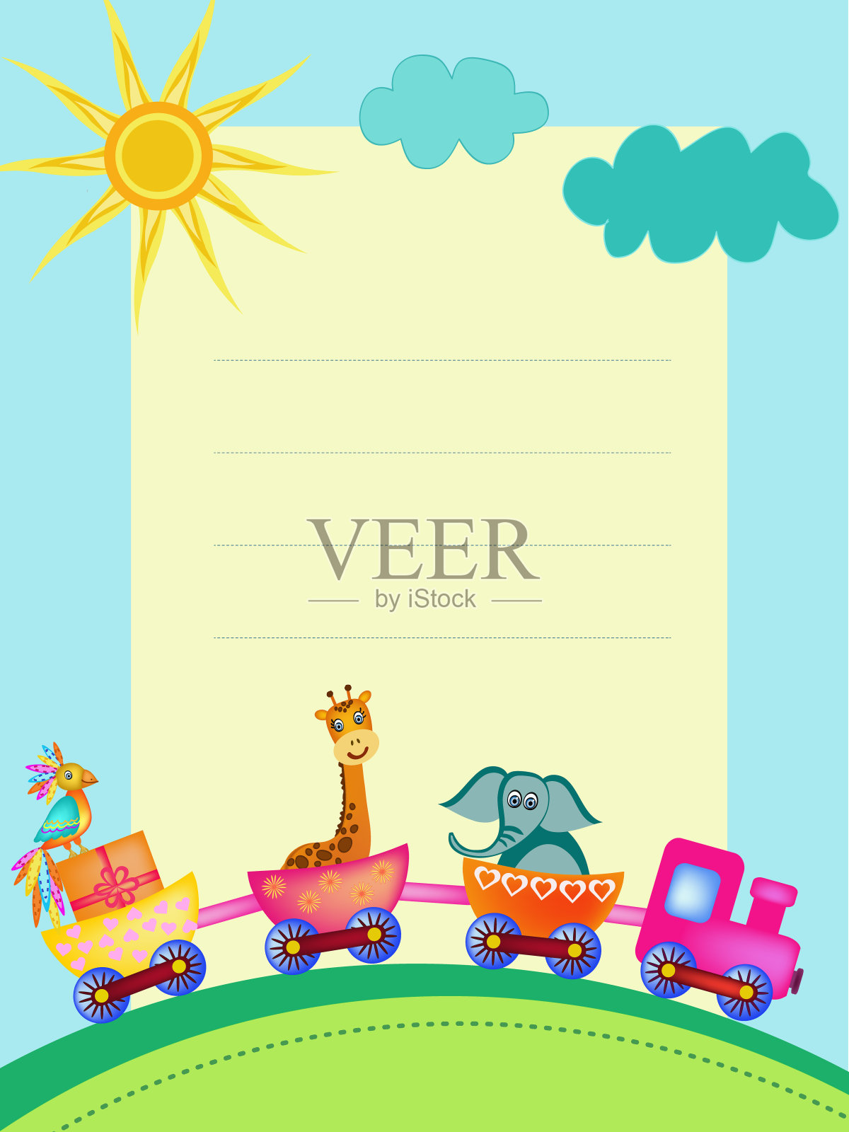 鹦鹉，长颈鹿，大象在火车框架插画图片素材