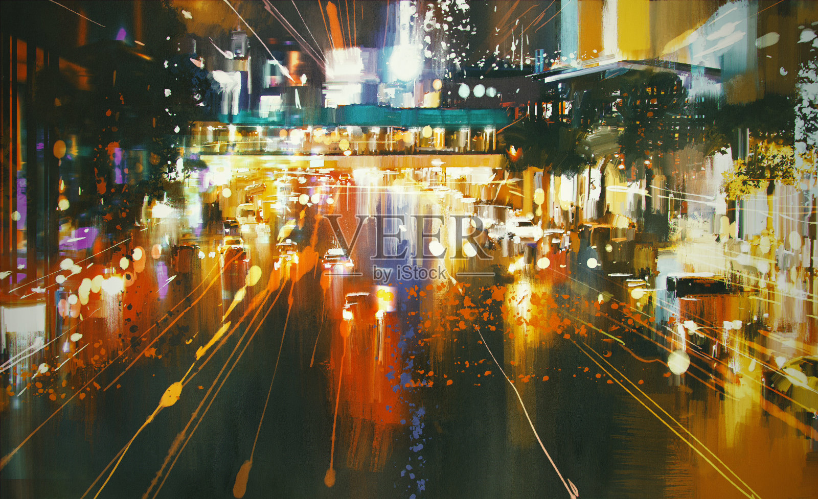 夜晚城市街道的色彩缤纷插画图片素材