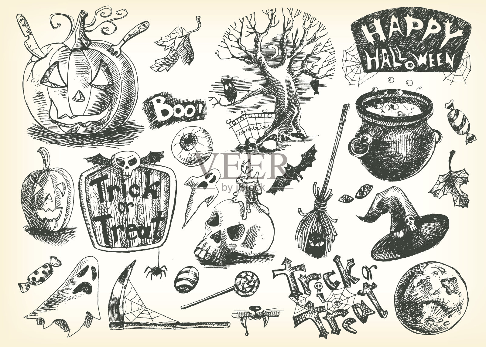 矢量复古手绘万圣节集:南瓜，眼睛，树，可以插画图片素材