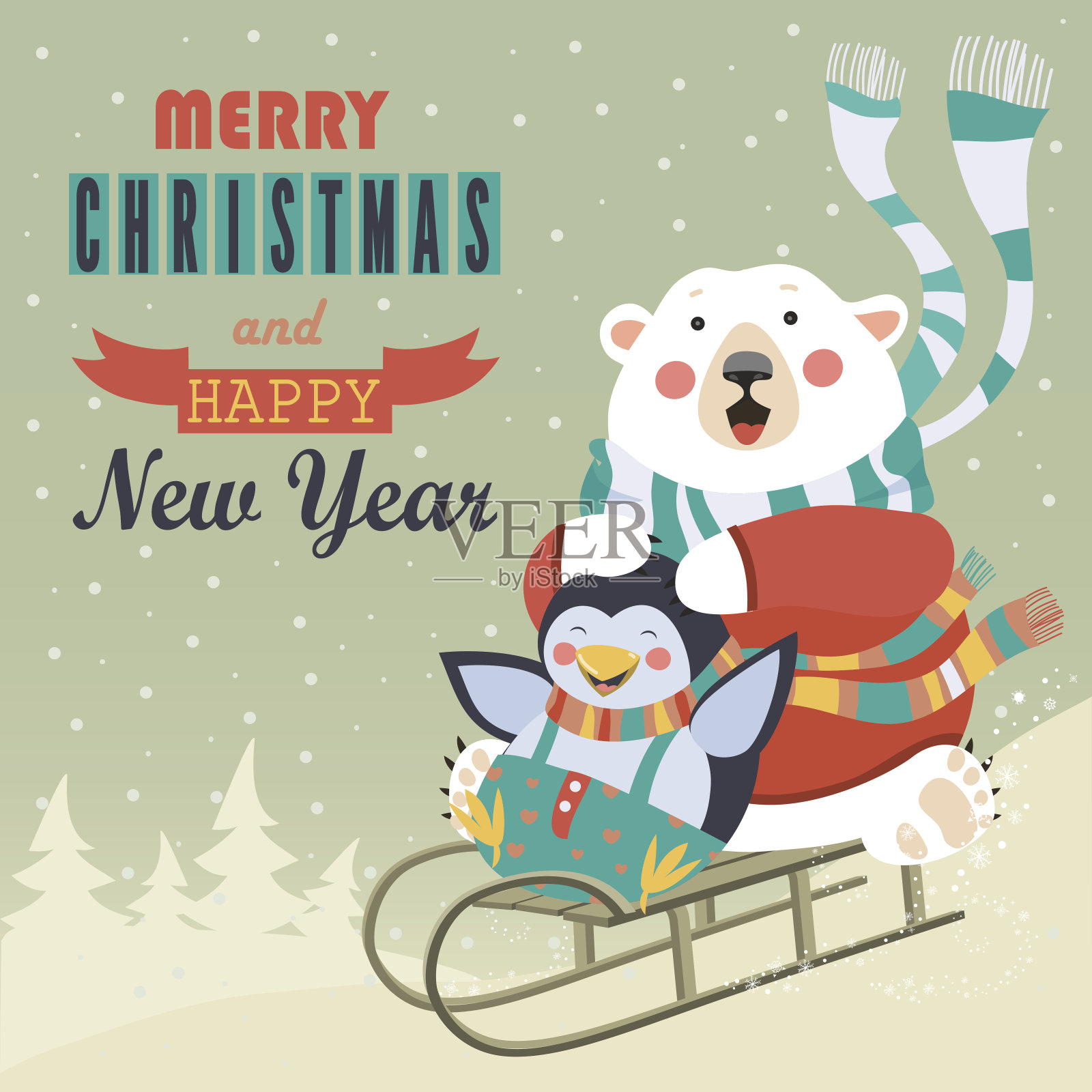 受惊的熊和快乐的企鹅从山上滚下来插画图片素材