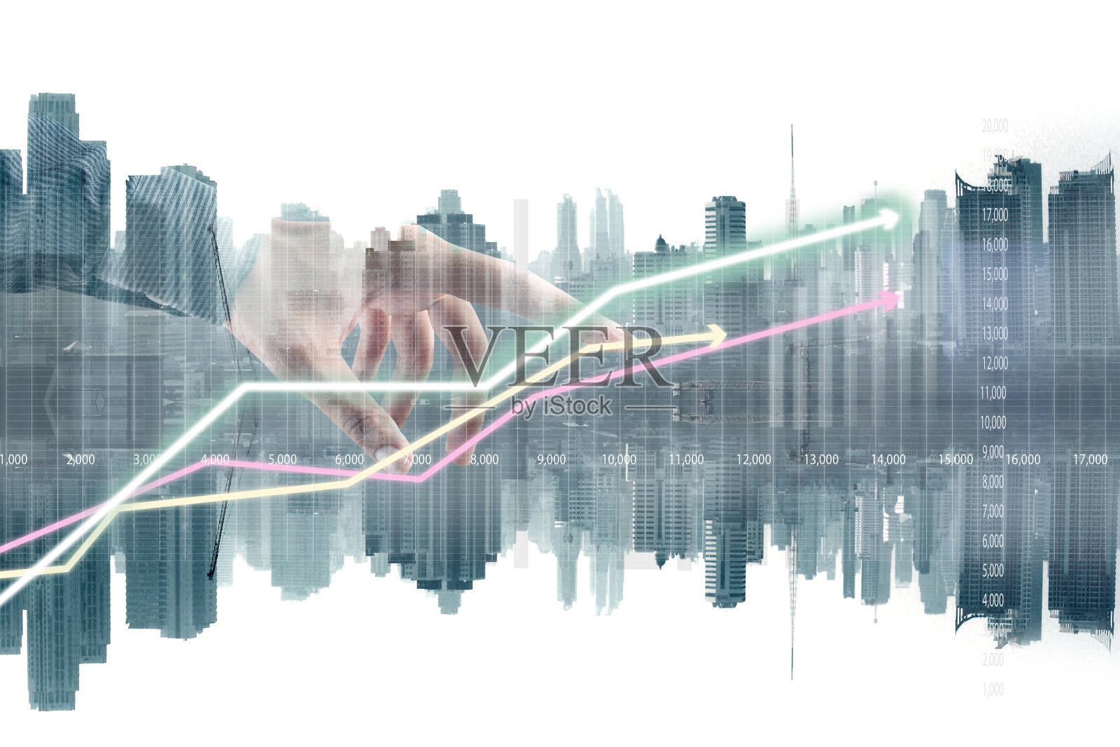 双曝光城市和图形与手照片摄影图片