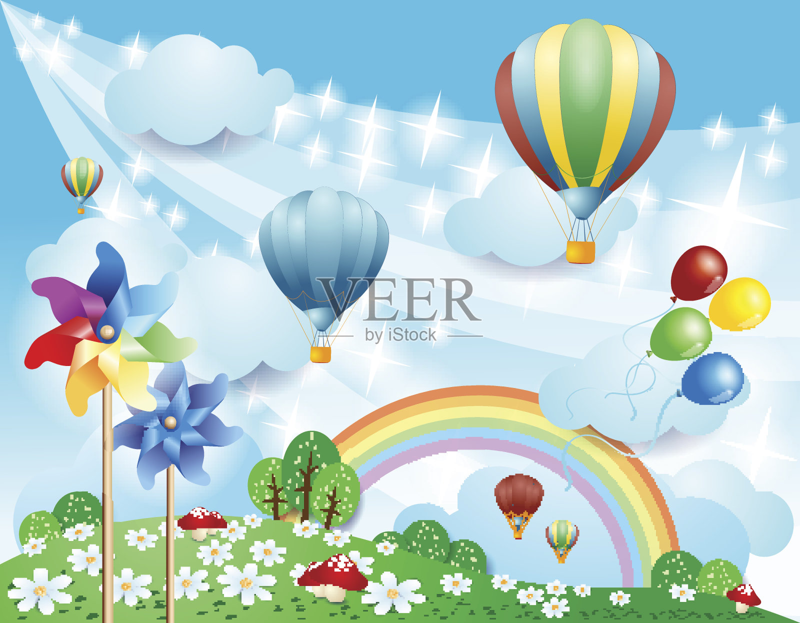 春天的背景气球和风车插画图片素材