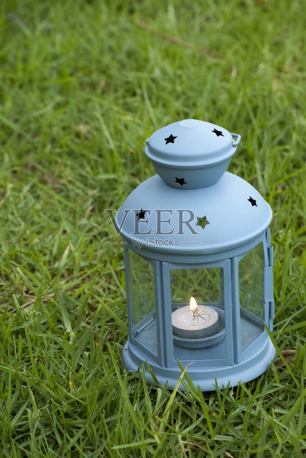 蓝灯笼，里面燃着蜡烛，绿草如茵照片摄影图片