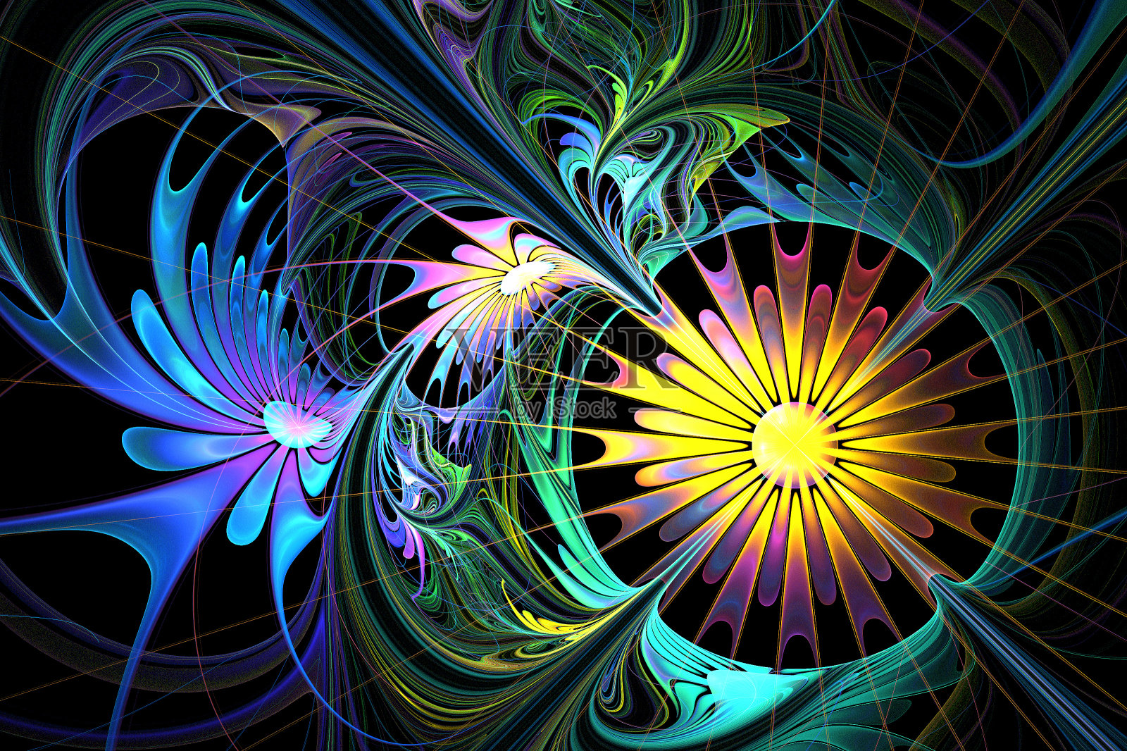 花的背景。蓝色和黄色调色板。分形设计。插画图片素材