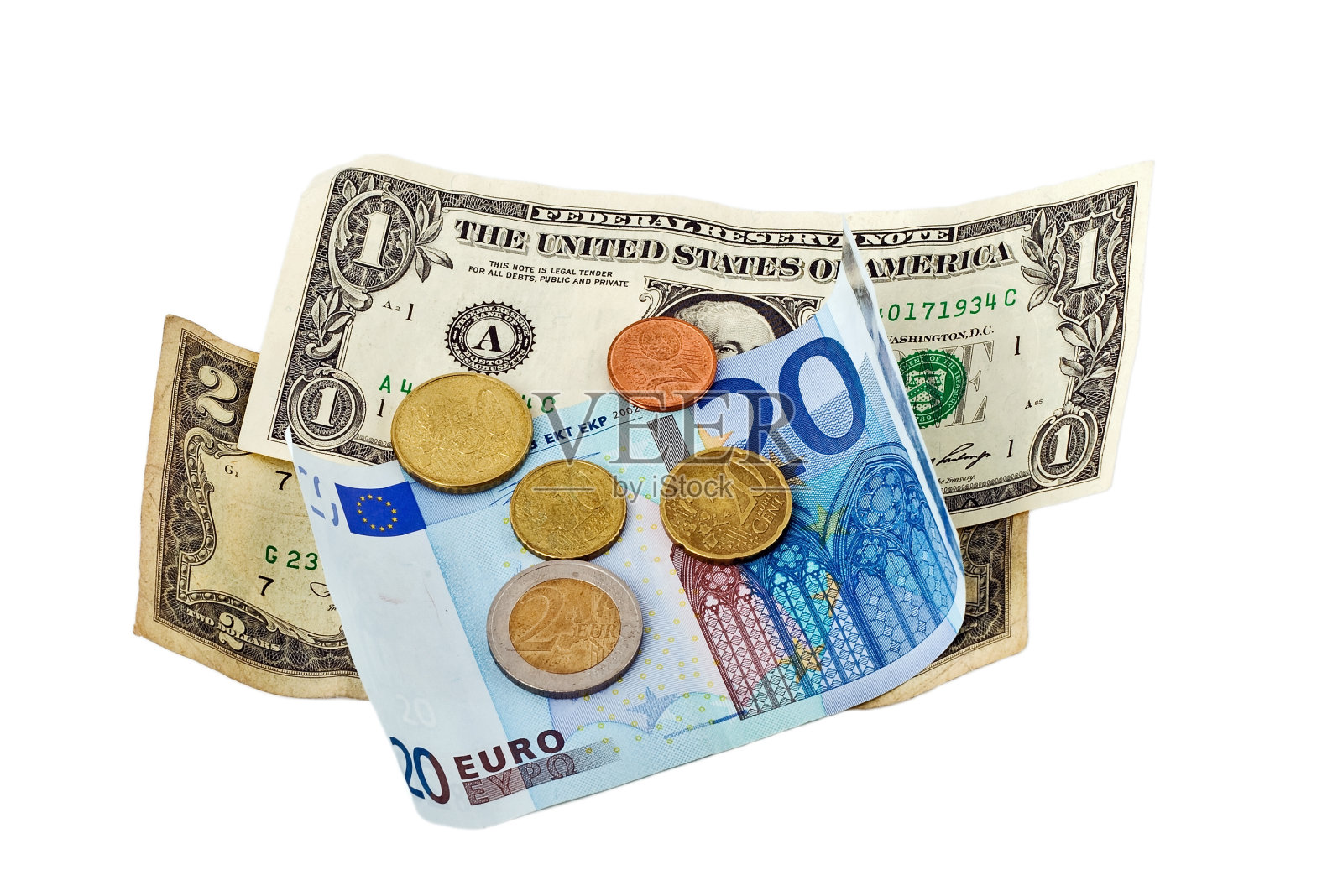 美元，欧元，铸造货币照片摄影图片