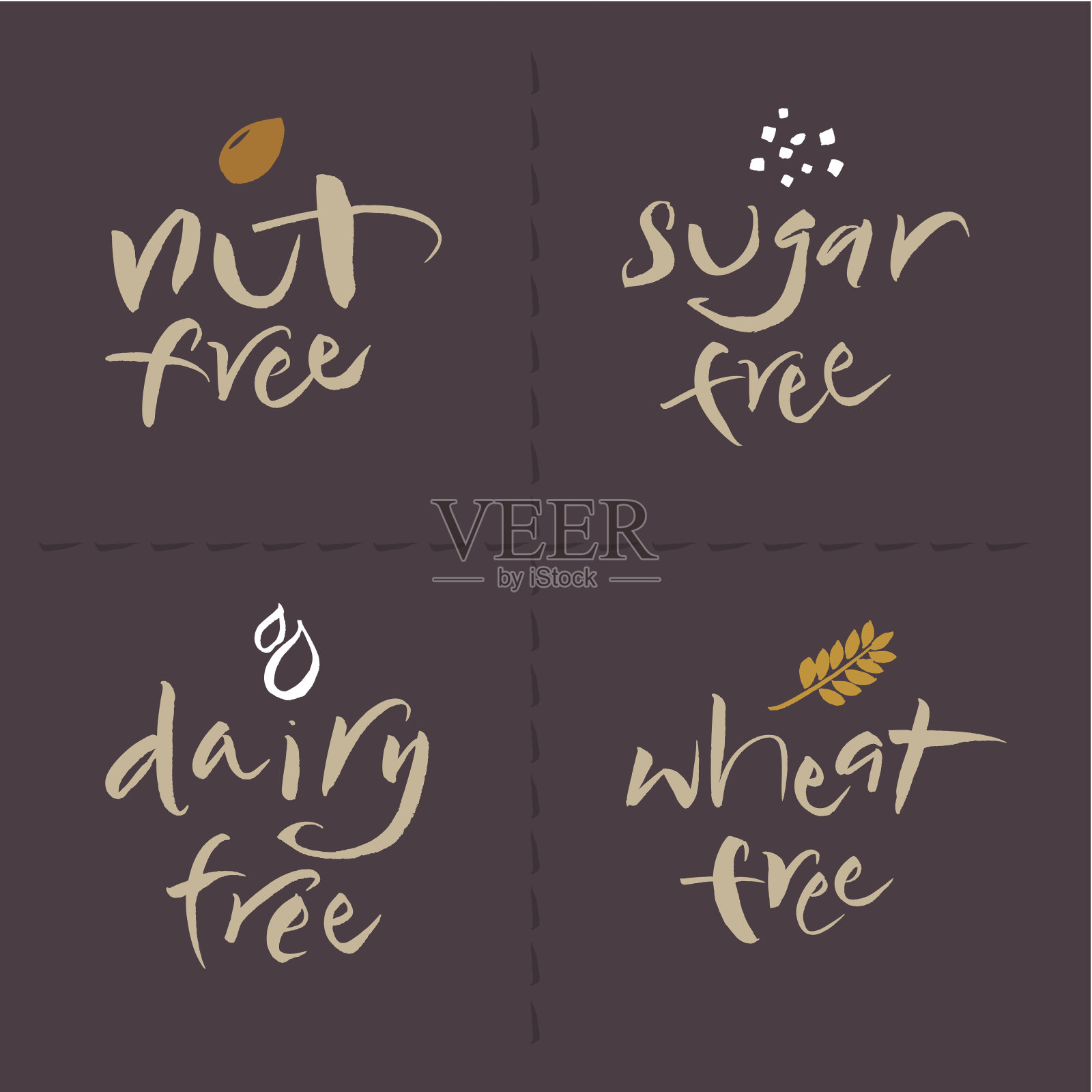 手写矢量食品标签设置坚果，糖，牛奶，小麦插画图片素材