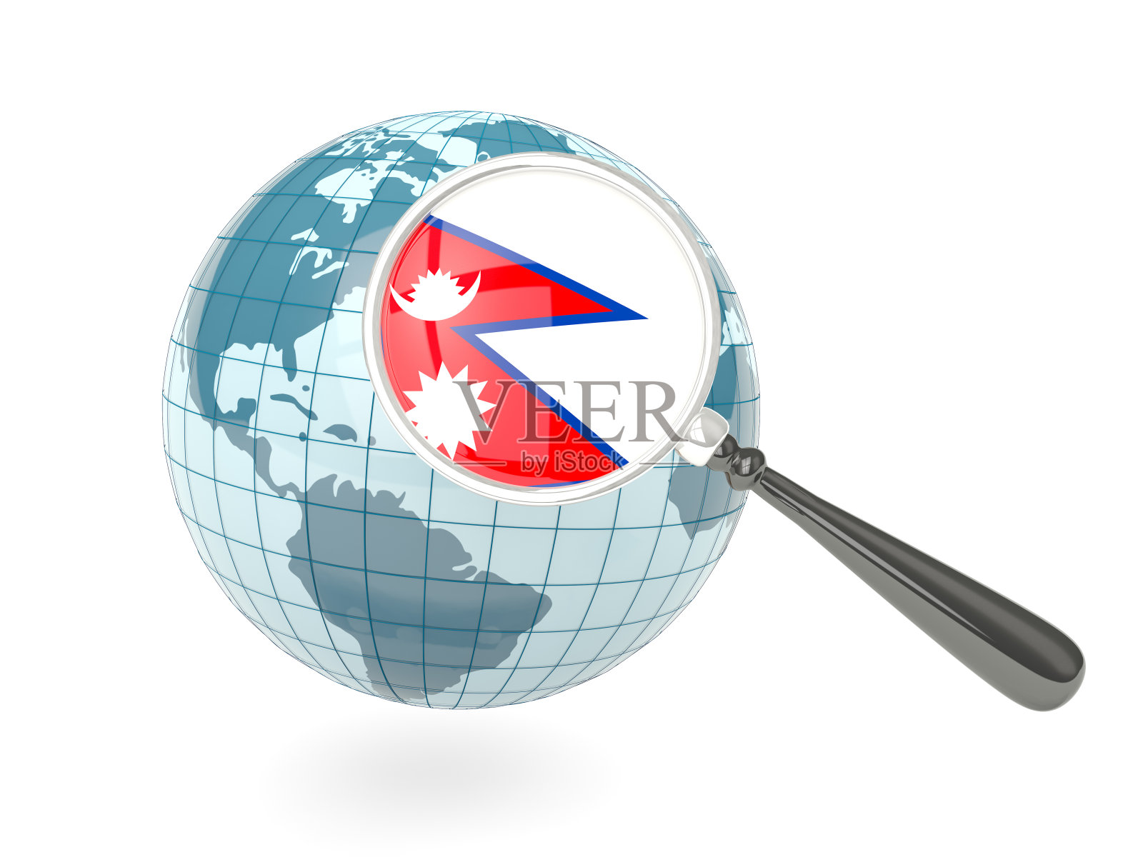 蓝色地球仪放大尼泊尔国旗照片摄影图片