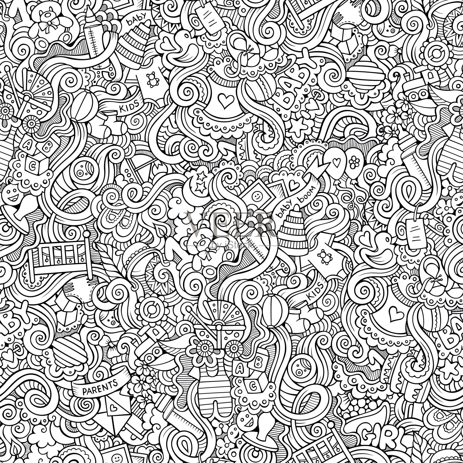 卡通矢量涂鸦儿童无缝图案插画图片素材