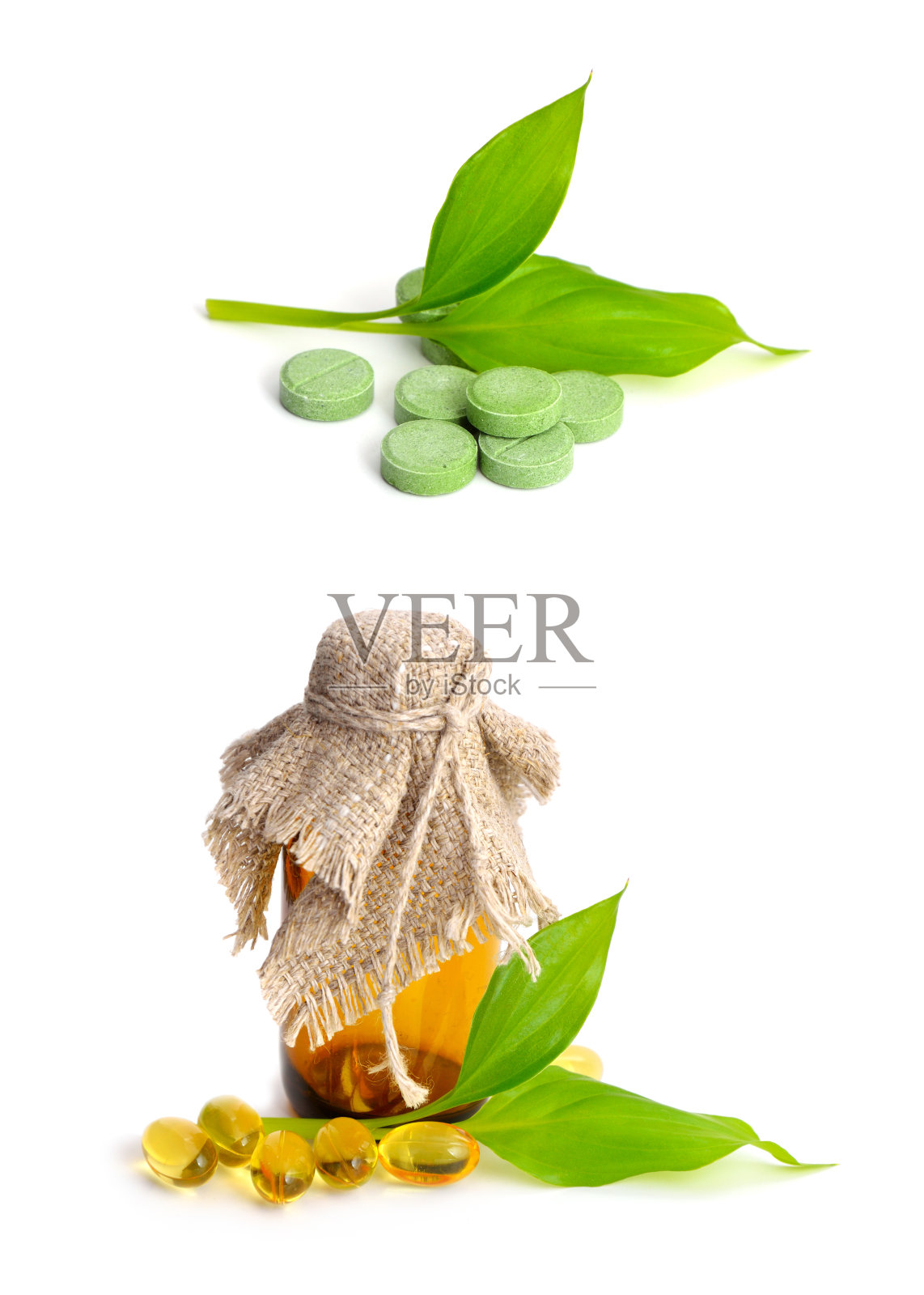 药物和叶子孤立在白色背景。照片摄影图片