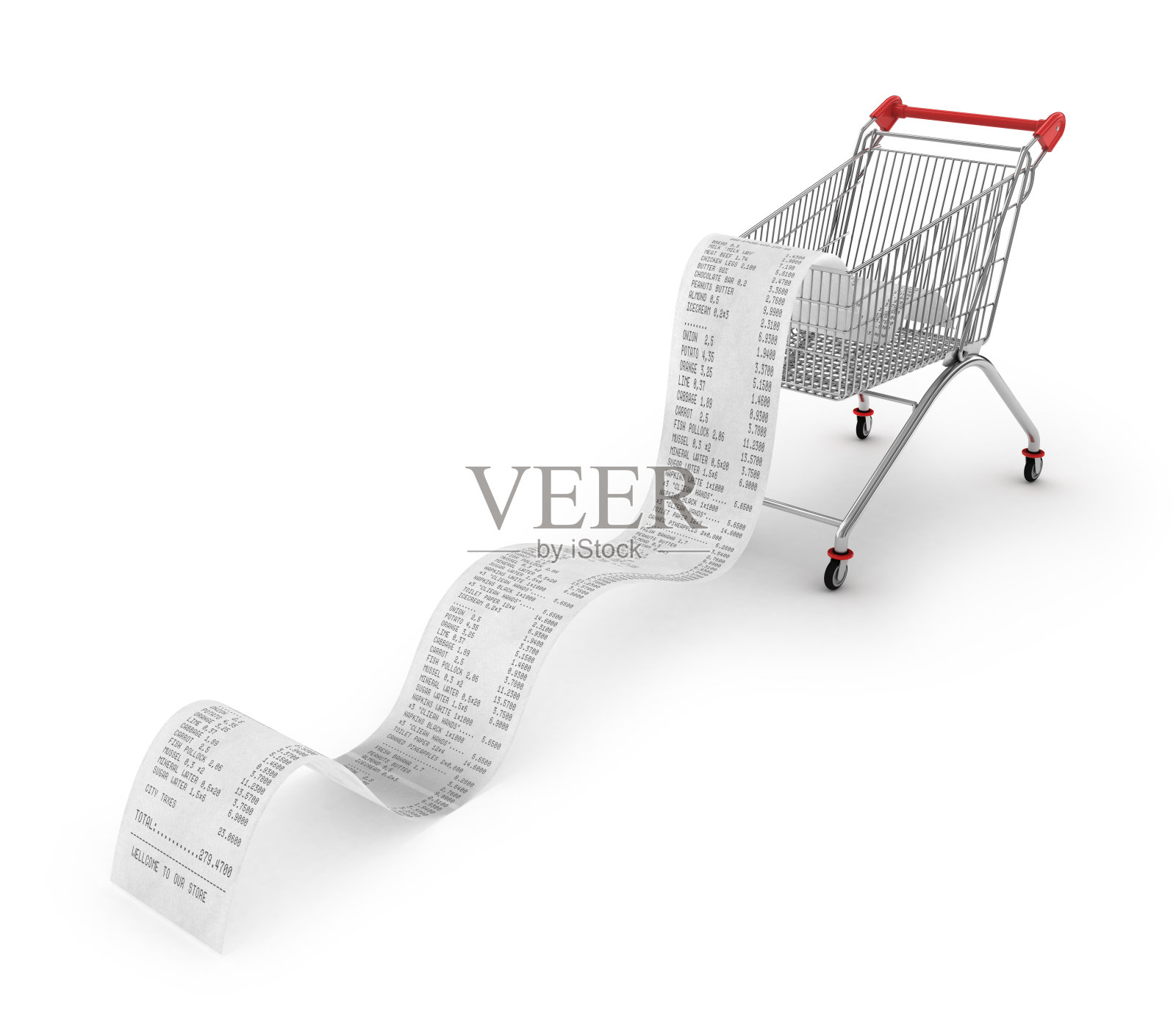 购物手推车上有长长的收据照片摄影图片