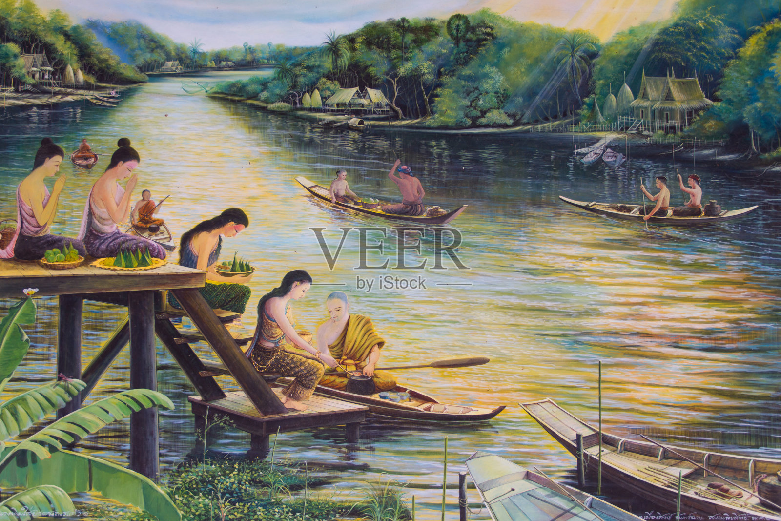 寺庙墙上的泰国传统壁画插画图片素材