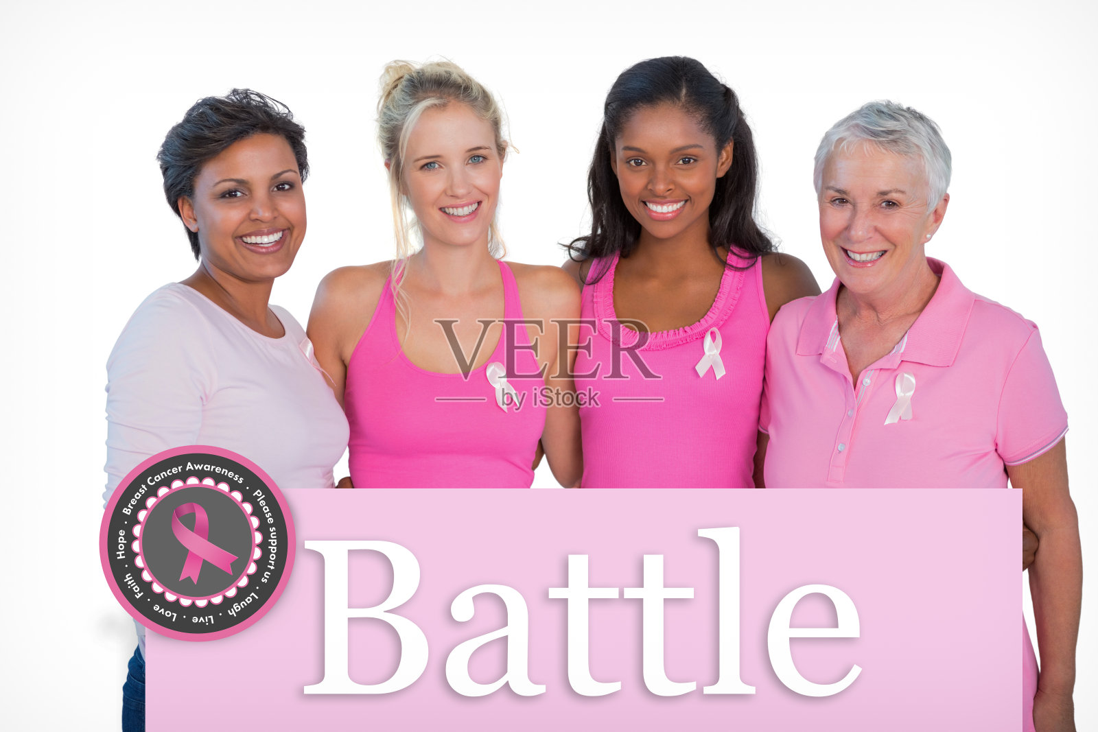 面带微笑，穿着粉色上衣，系着乳腺癌丝带的女人照片摄影图片