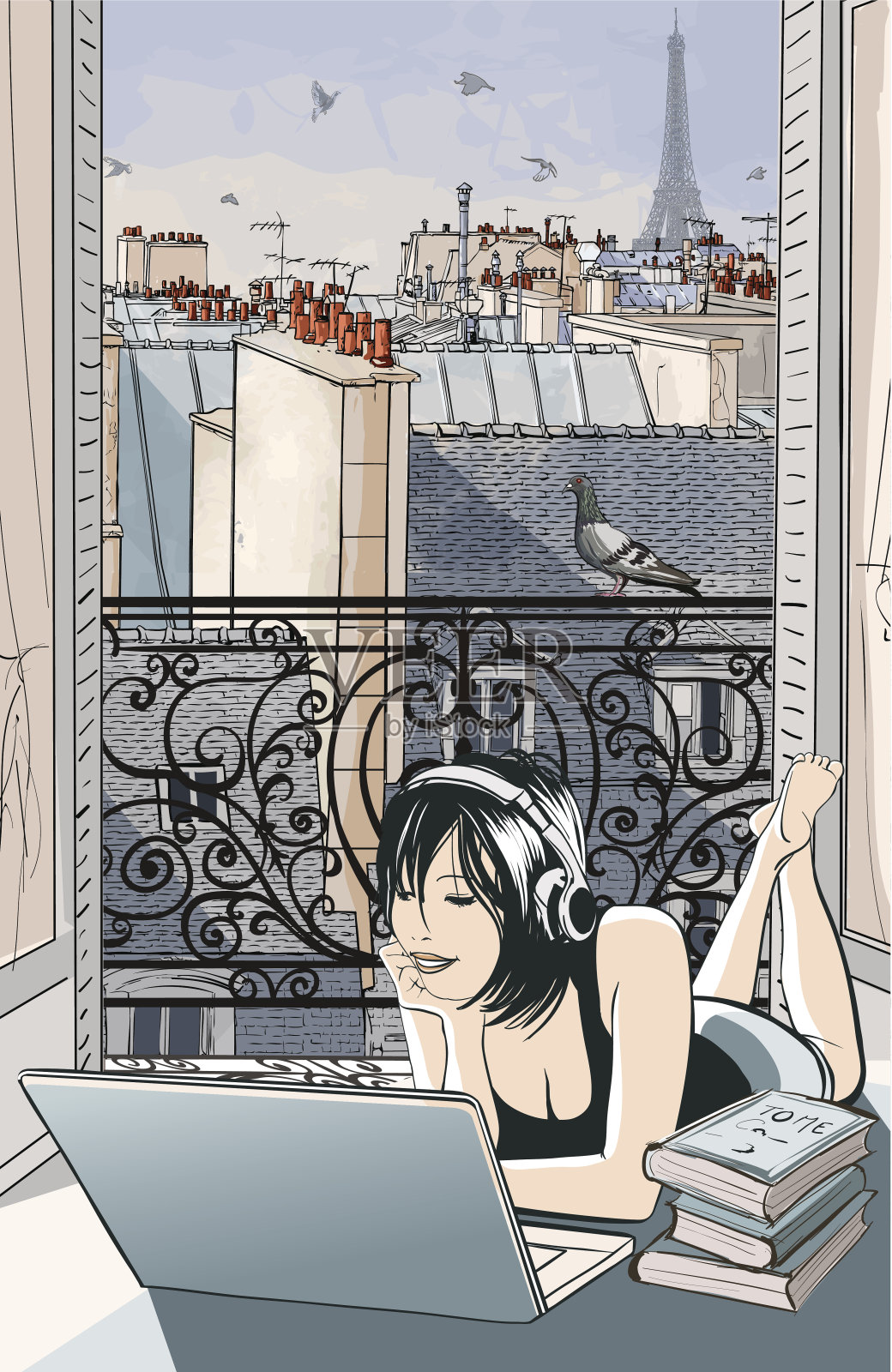 年轻女子在巴黎玩电脑插画图片素材