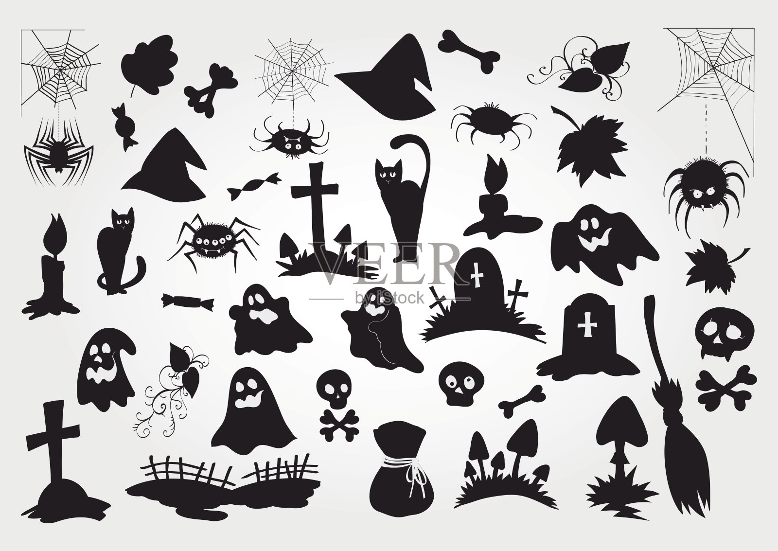 大矢量的万圣节的剪影对象和生物。插画图片素材