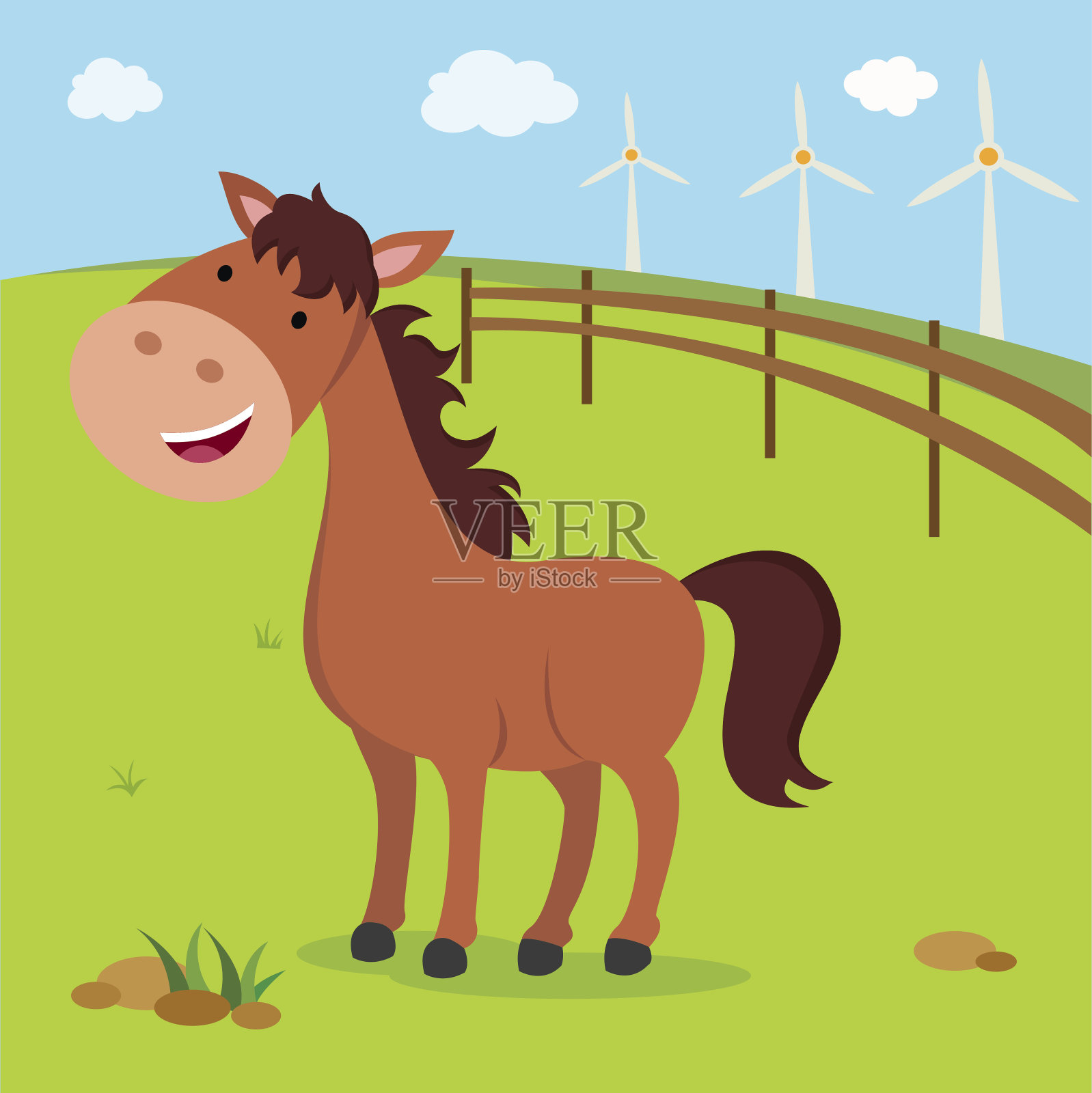 农场。棕色的马和风车。插画图片素材